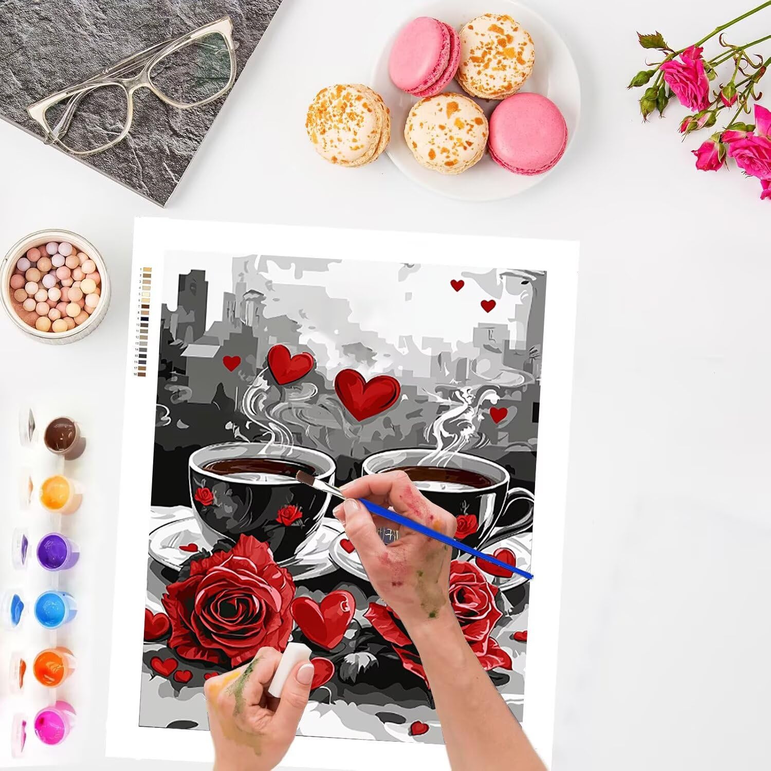 Rose mit Kaffee Malen Nach Zahlen Erwachsene Anfänger, 60x80cm c-640 | Handgemalt Ölgemälde Kit für Mädchen Jungen ab 7 8 9 Jahre, Rahmenlos, für die Wanddekoration zu Hause, DIY Acrylmalerei