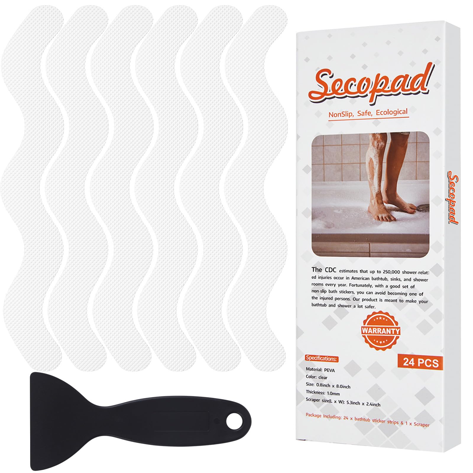Patented Anti Slip Shower Stickers 24 PCS Safety Bathtub Strips Adhesive Decals with Premium Scraper for Bath Tub Shower Stairs Ladders Boats (White)