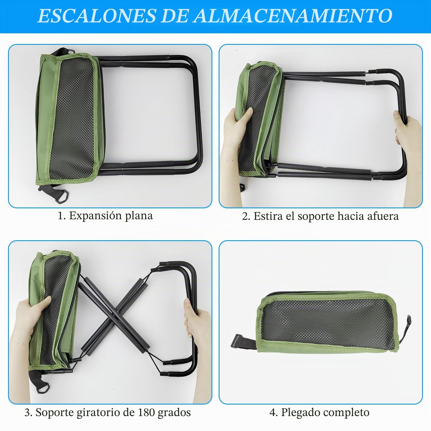 Taburete portátil para montañismo y senderismo, taburete plegable, taburete portátil, soporta hasta 150 kg, silla plegable para exteriores, con cremallera, para viajes, camping, pesca (verde)