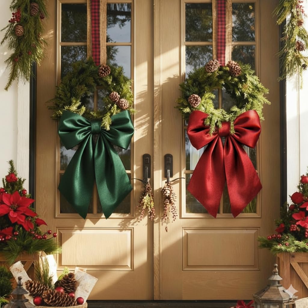 Froova Red Green Bow Decor for Christmas Wreaths Crib 2 Pack Large Green Red Bows Decoration 11 x 23 Inches Big Bow Decor Coquette Party for Bachelorette Baby Shower Bridal Shower Wedding