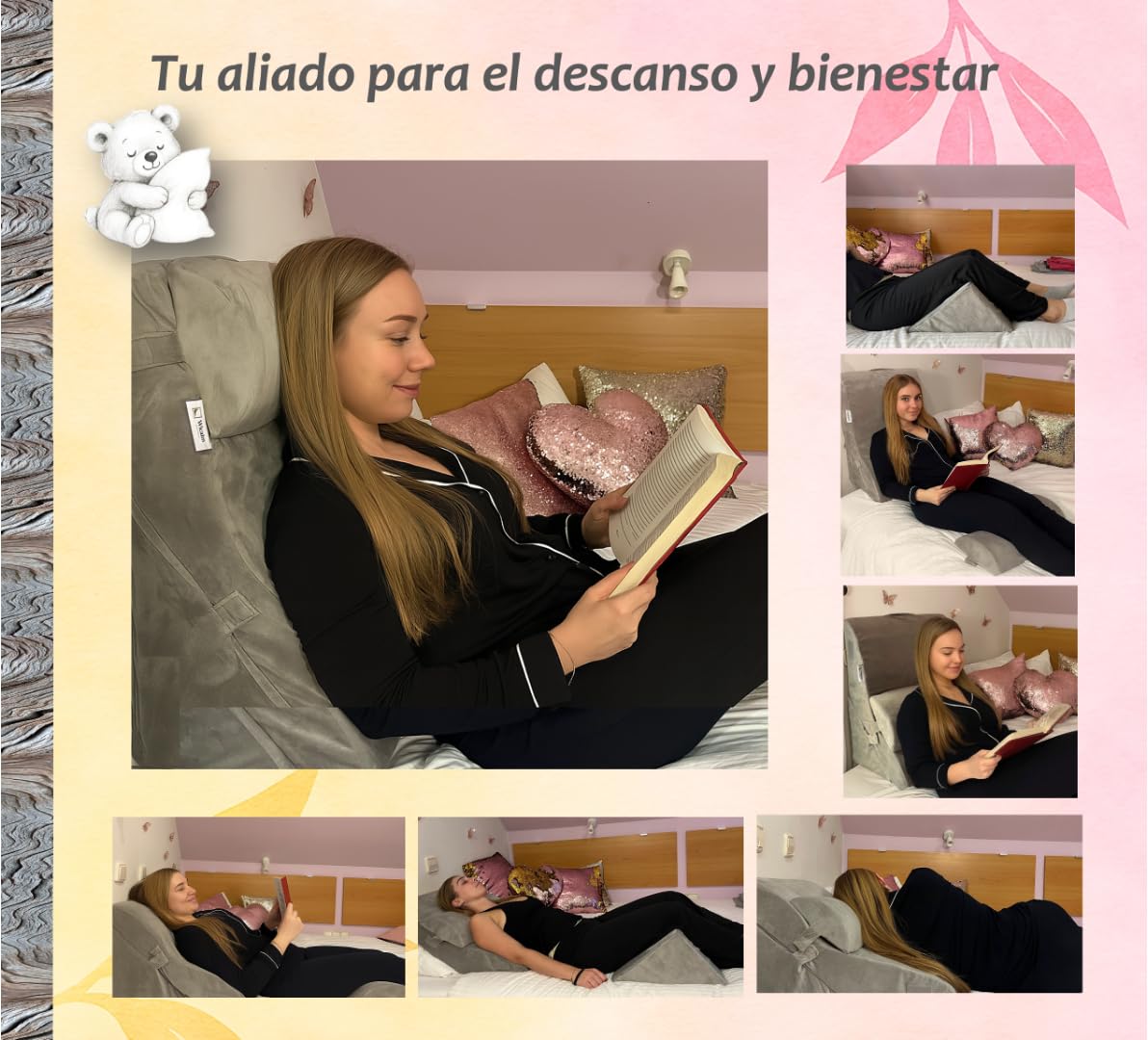 Cojín Respaldo Cama y Sofa de 3 Piezas – Multiposición- Certificada OEKO Tex y CertiPUR- Cojin Lectura Cama, Cuña Antireflujo Adulto, Wedge Pillow, Cojin de Lectura, Almohada Cuña– Funda Lavable.