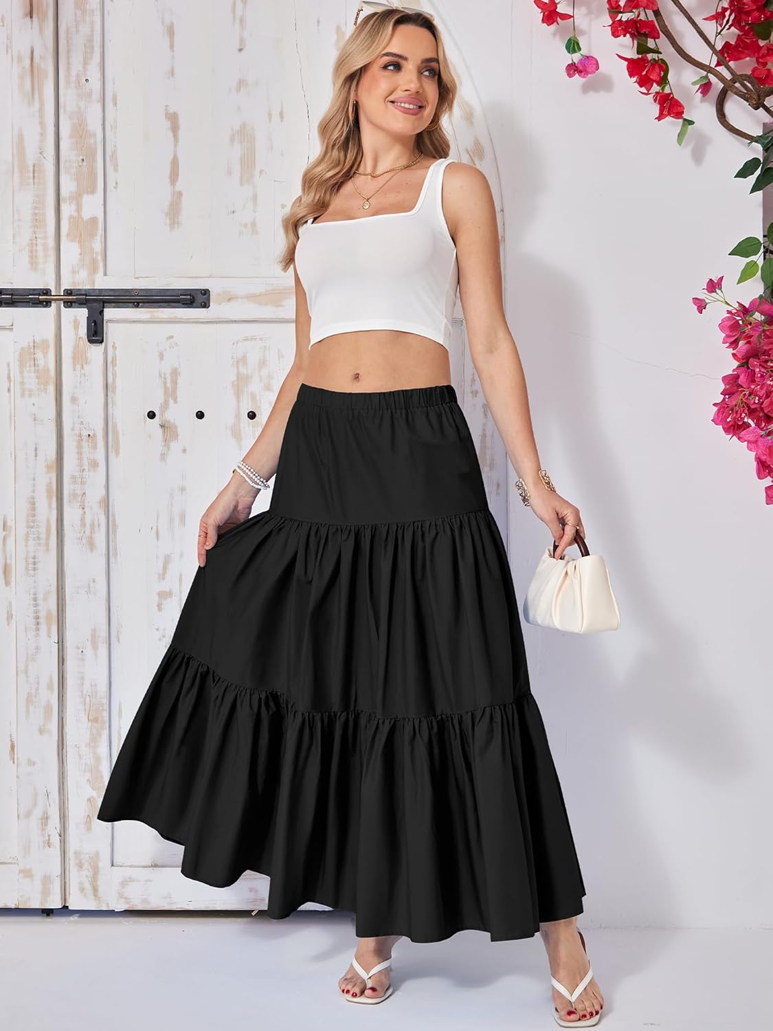 Yulaviniee Women's Boho Maxi Skirt with Pockets High Waisted Layered Tiered Casual A-Line Long Flowy Skirts - Image 2
