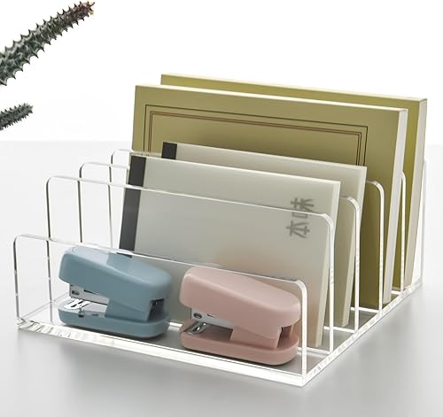 Miniatura 9 de Soporte de correo de acrílico transparente con 5 compartimentos, clasificador vertical de letras y organizador de escritorio multifunción para
