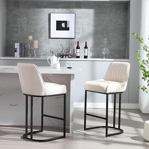 Miniatura 8 de Shunzhi Taburetes de bar de altura de mostrador con respaldo, juego de 2 taburetes de bar modernos de tela de lino con patas de metal de 26