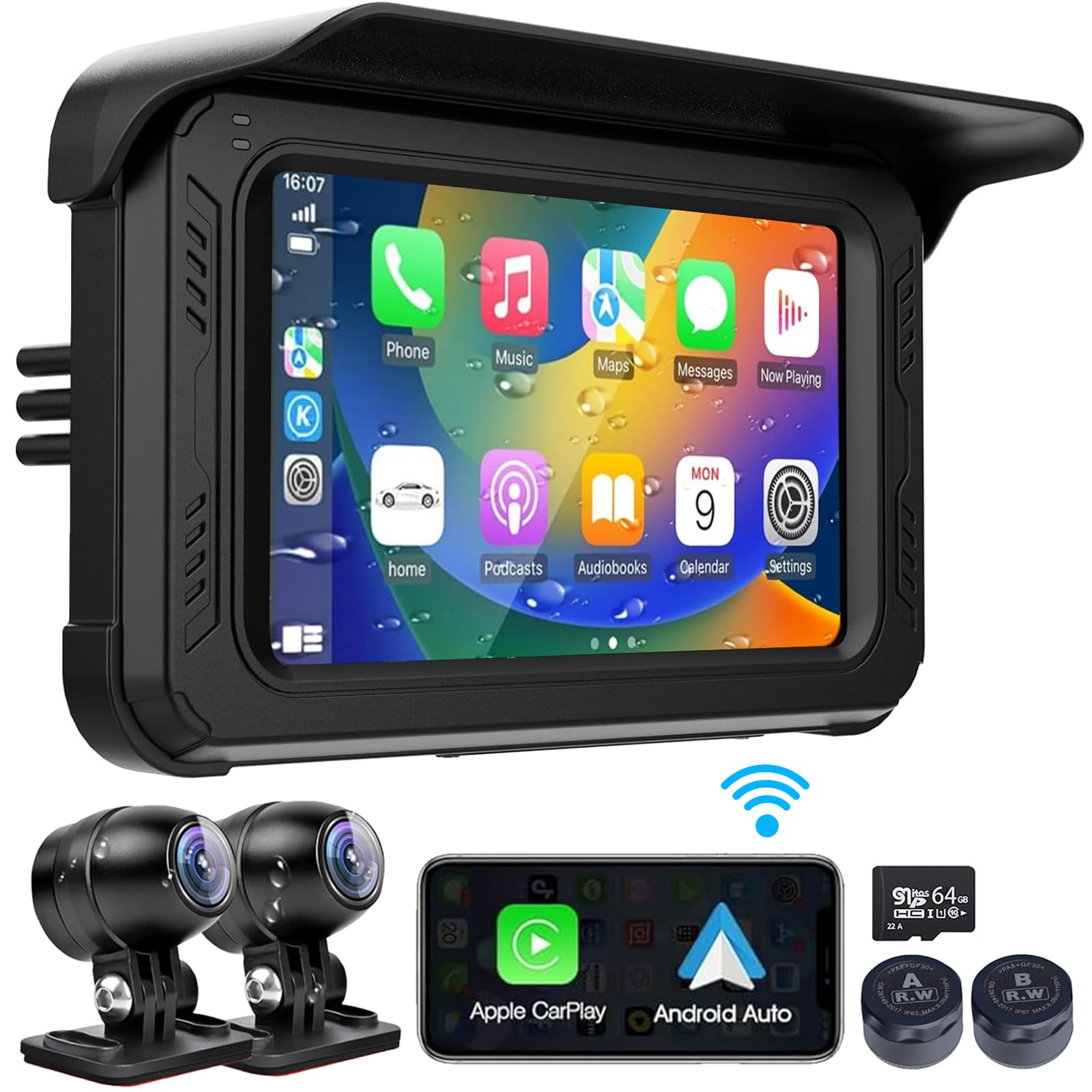 Wireless Motorcycle Carplay GPS Navigation Motorcycle Dash Cam with Front 2K Camera, Sportbike Recording, Built-in Bluetooth, IMX322 Chips, G-Sensor, TPMS, 5" IPS Touch Screen