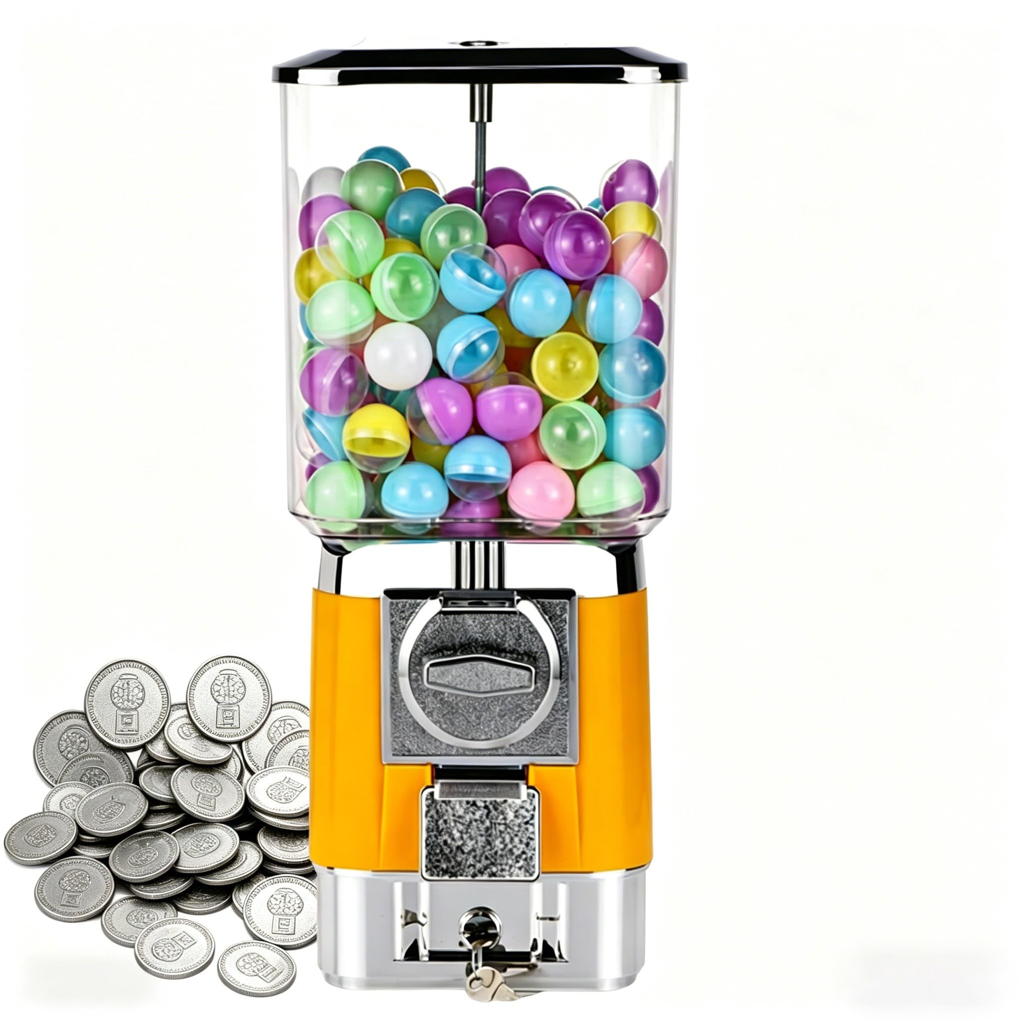 Sushangmao Candy Vending Machines, Gumball Machine For Kids, Customizable For One Size 25-35mm / 1-1.38", Pure Mechanical Coin-Op – Includes 100 Balls & 50 Tokens For Home Or Game Stores yellow