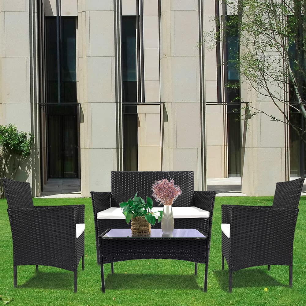 bigzzia Conjuntos de Muebles de Jardín Exterior en Ratán 4 Piezas Juego de Muebles de Jardín para 4 Personas Incluido 1 Sofá 2 Sillones 1 Mesa