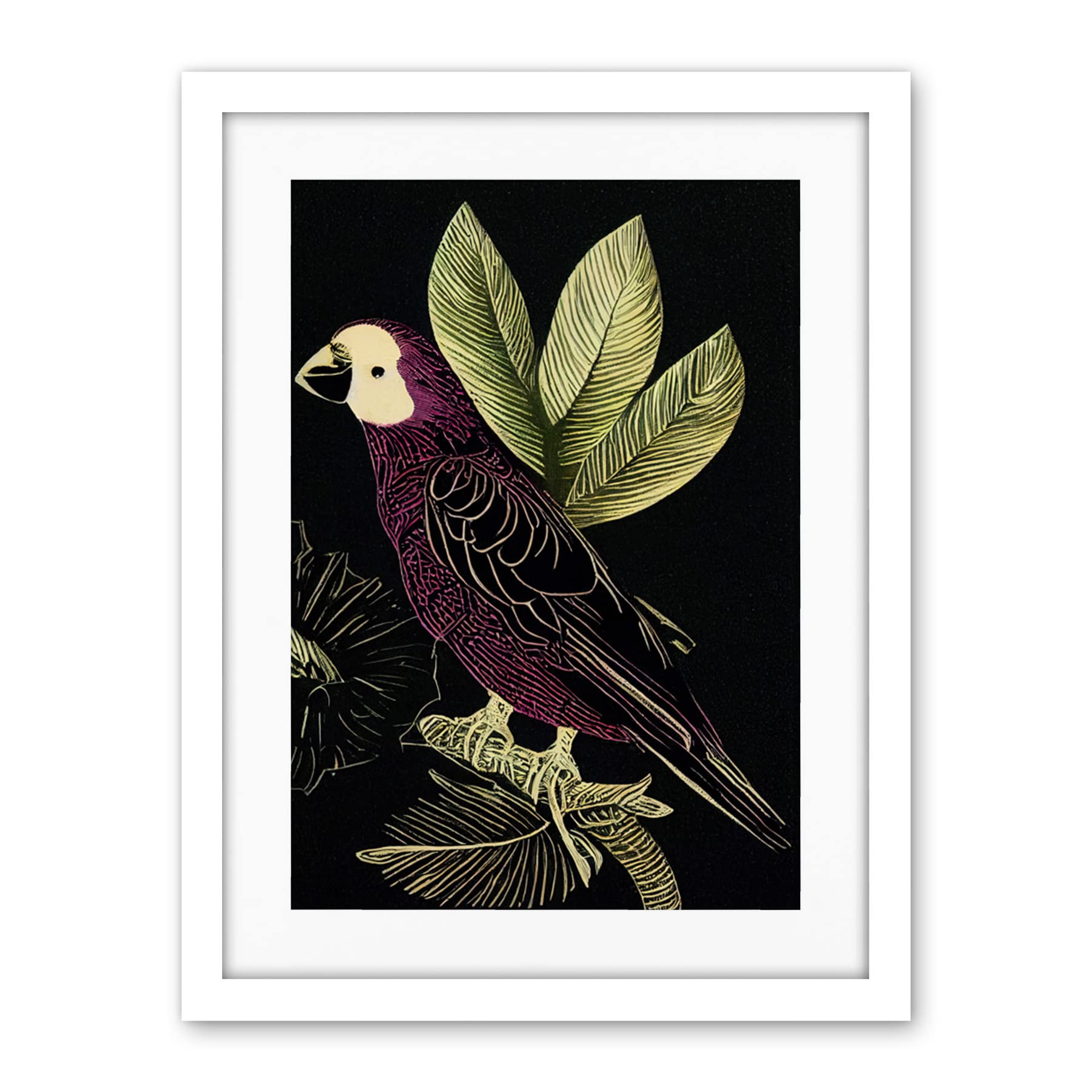 Wee Blue Coo Burgundy Parrot Leaves Tree Branch On Black Vintage Linocut Illustration Artwork Framed Wall Art Print 18X24 Inch