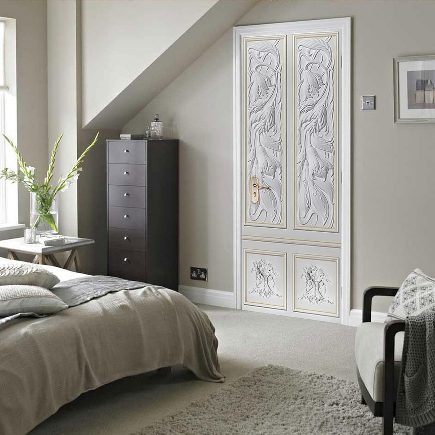 A.Monamour 3D Door Stickers for Interior Doors White Wall Decorated with Floral Relief Moldings Vinyl Waterproof Self Adhesive Door Mural Decals for Bedroom Office Bathroom 77x200cm