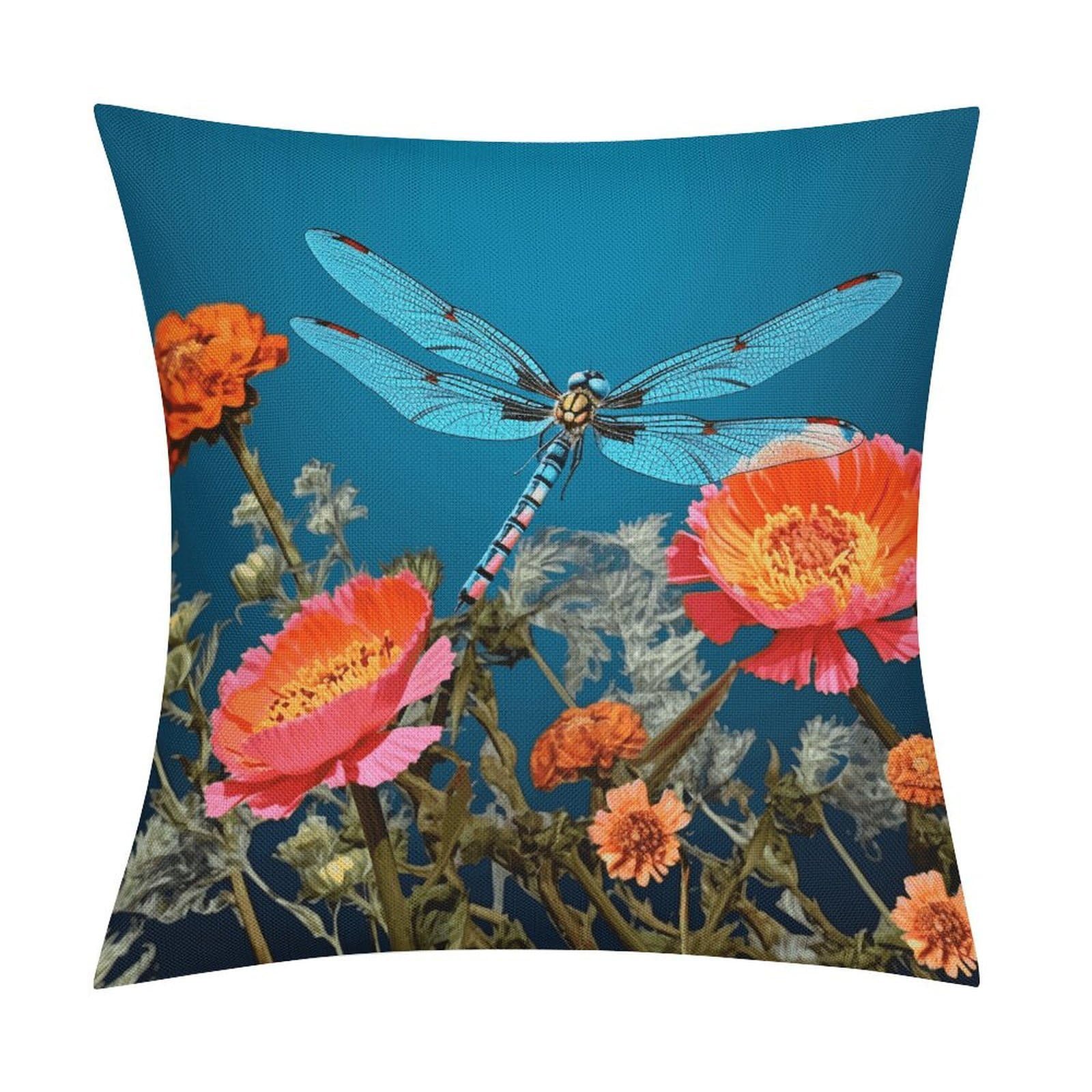 Fodpand Style Dragonfly And Flower Pillow Covers 18X18 Inch, Pillow Cases Boho Farmhouse, Throw Pillow Covers For Couch Sofa Bed Spring Home Decor
