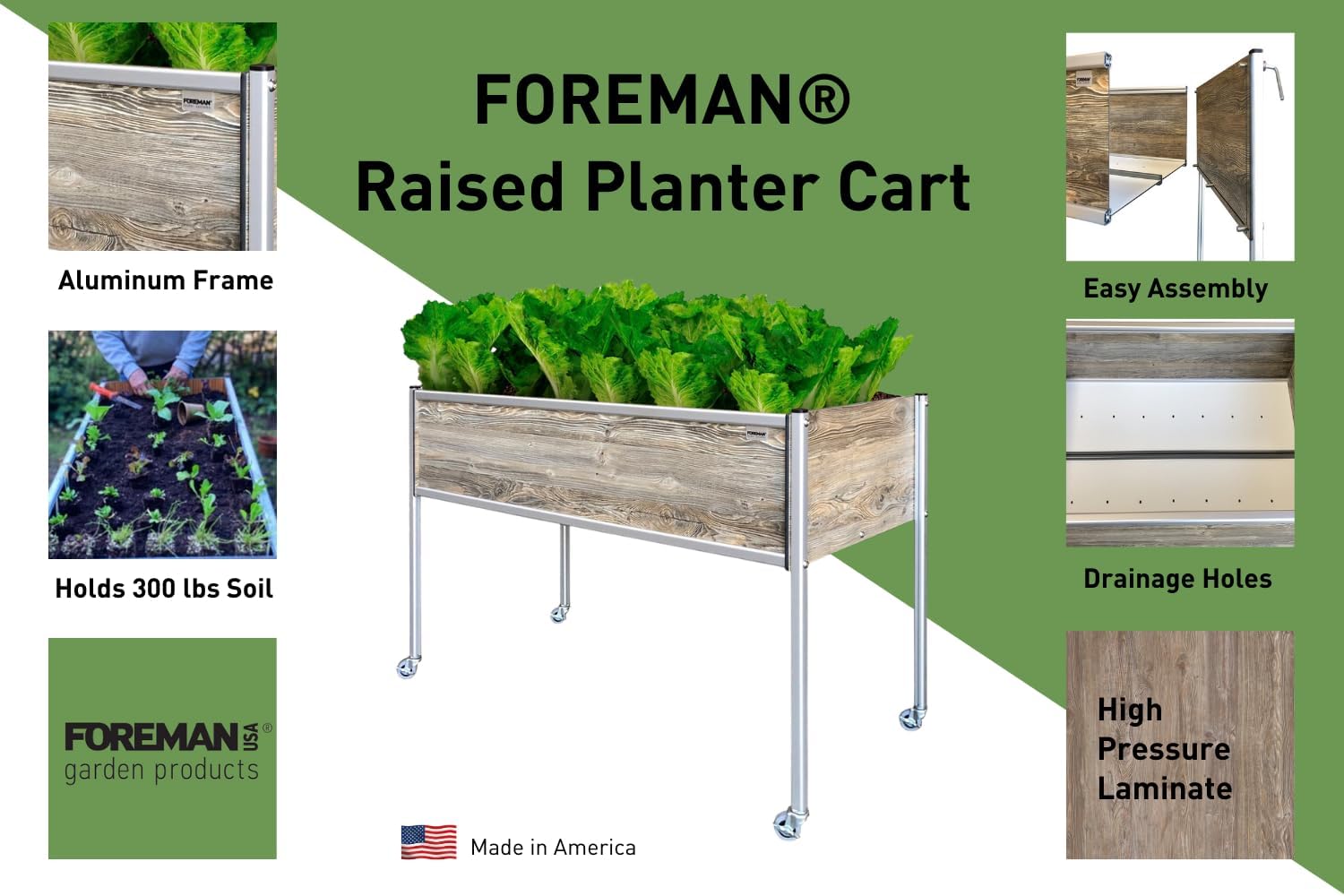Foreman Raised Garden Bed on Wheels – Weather-Resistant Raised Garden Bed (48" x 24" x 32") with Drainage, Ideal Raised Garden Bed for Vegetables & Flowers – 300 lb Capacity, Amaretto Wood Grain
