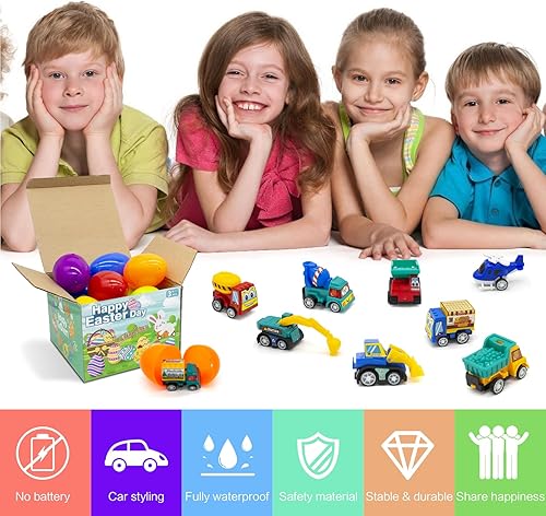 Miniatura 2 de AUGARDEN 12 huevos de Pascua de plástico con mini auto trasero en el interior, huevos de juguete de Pascua rellenos, regalos de Pascua para niñas