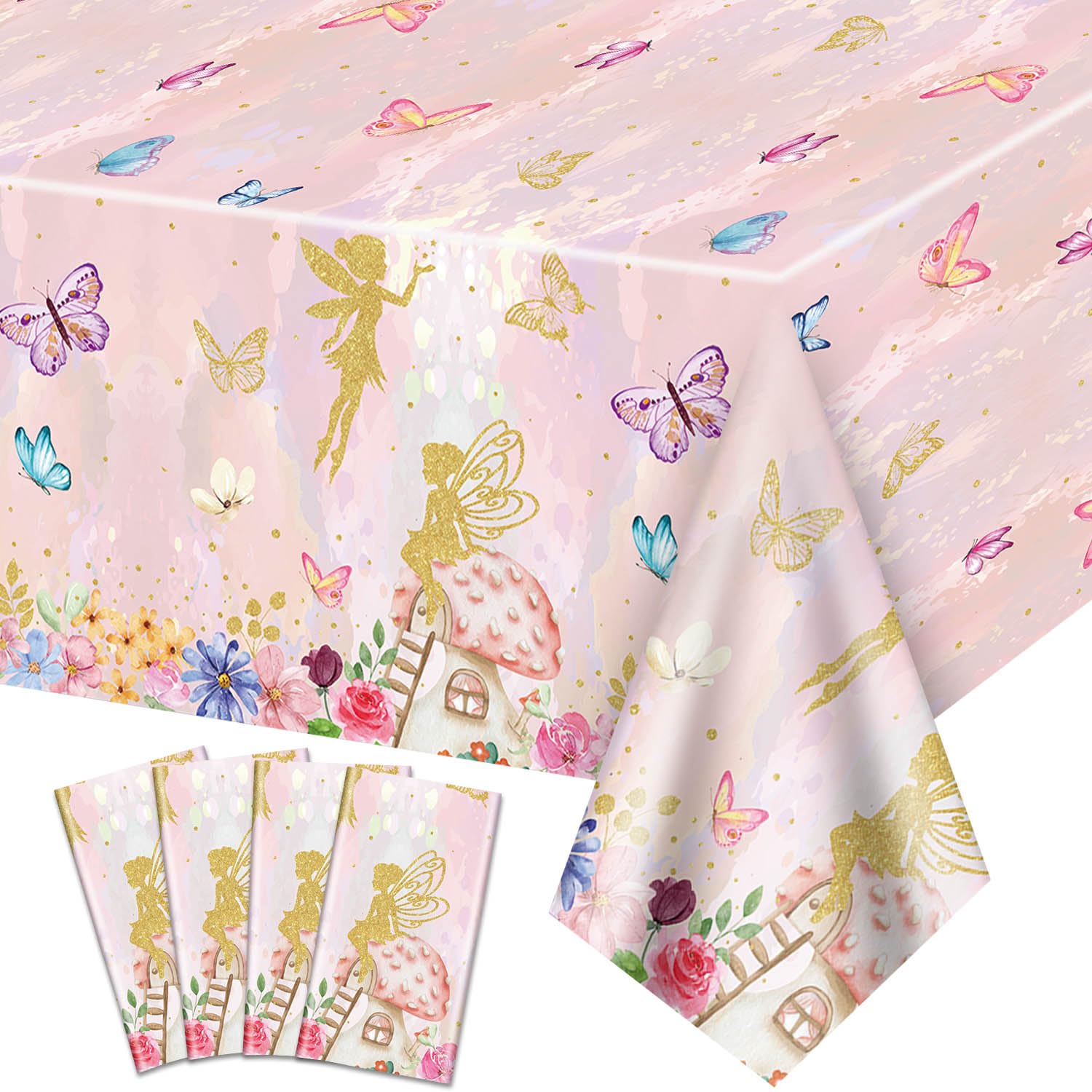 4Pcs Fairy Tablecloths - Fairy Birthday Party Table Cover, Colorful Rectangular Spring Floral for Princess Flower Fairy Party Supplies, 51 x 86.6