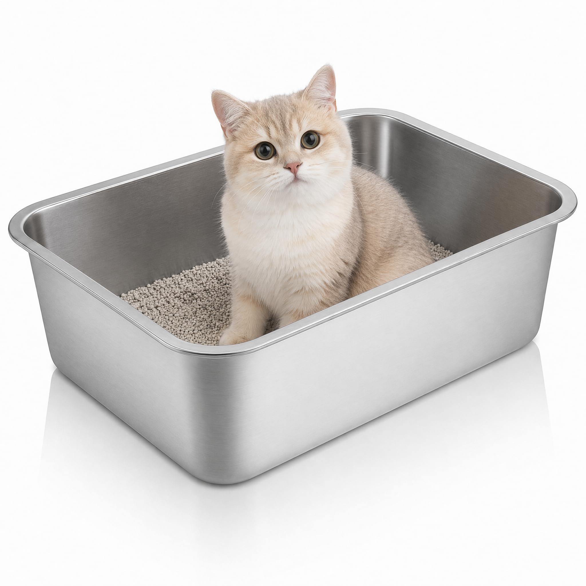 Cat Litter Box Stainless Steel, High Sided Cat Litter Tray, Cat Litter Open Trays, Metal Litter Tray for Indoor Cats, Easy Clean Pet Toilet Tray(50 * 35 * 15)
