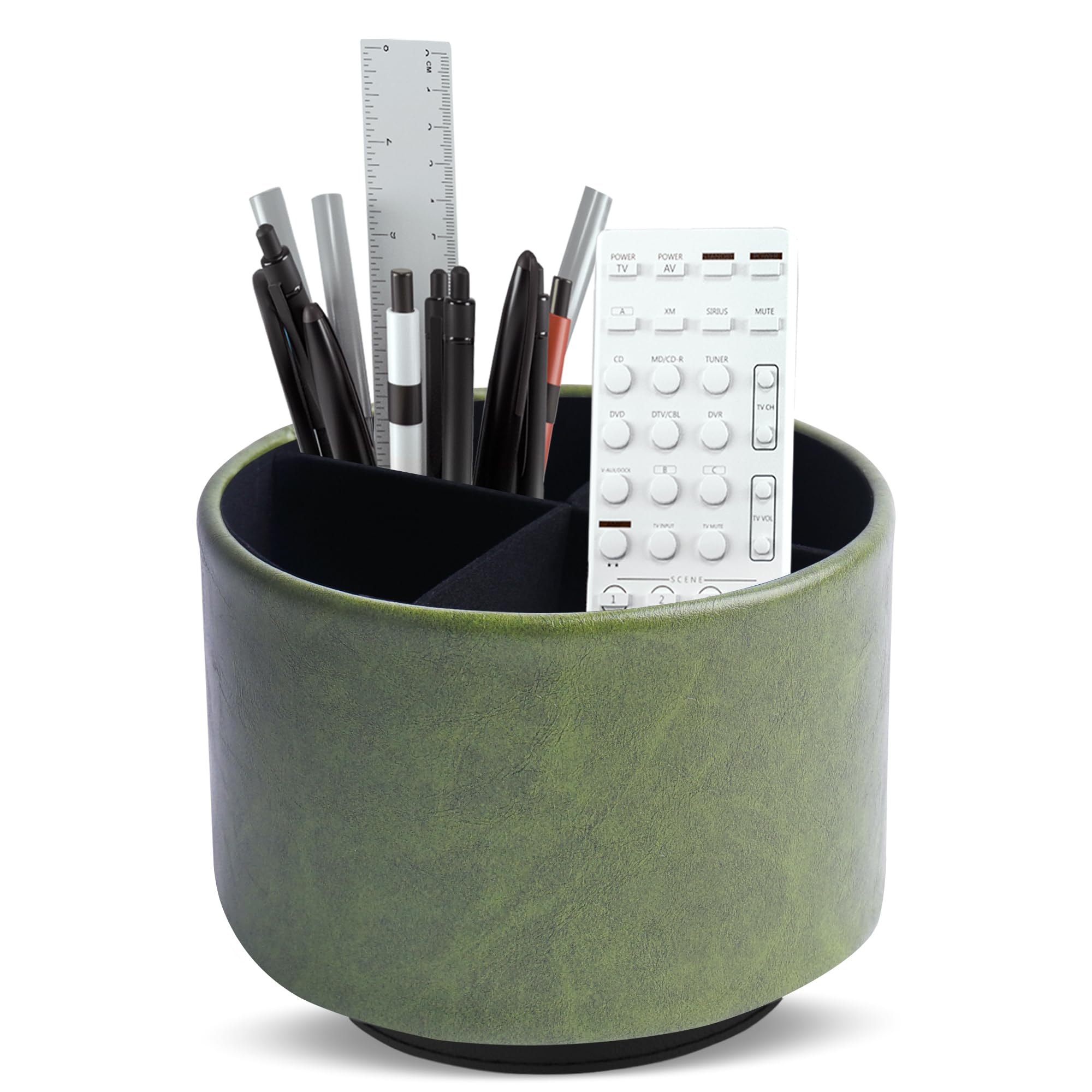 Mtzmy Round Pen Holder, Leather, 360° Rotatable, Remote Control Holder, Rotating Bedside Table, TV Remote Control, Desk Organiser for Pens, Office Supplies, Storage Box (1-Oil Green1)