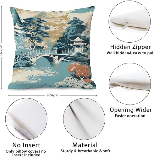 Miniatura 2 de Zyadsinoudor Asian Style Throw Pillow Case Blue Pagoda Chinoiserie Pillowcase Traditional Oriental 22x22in Decorative Pillow Home Cotton Linen