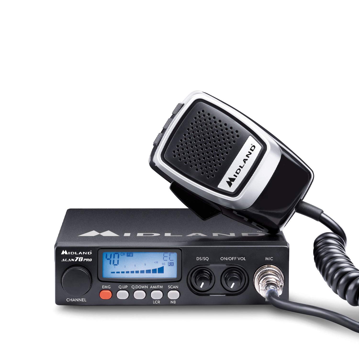 Midland - Radio CB ALAN 78 PRO, Ricetrasmittente Veicolare Multibanda Senza Licenza, Potenza Regolabile 1W/4W, Display e S-Meter, Squelch Digitale, Noise Blanker, SCAN, Microfono 6Pin Precision Series