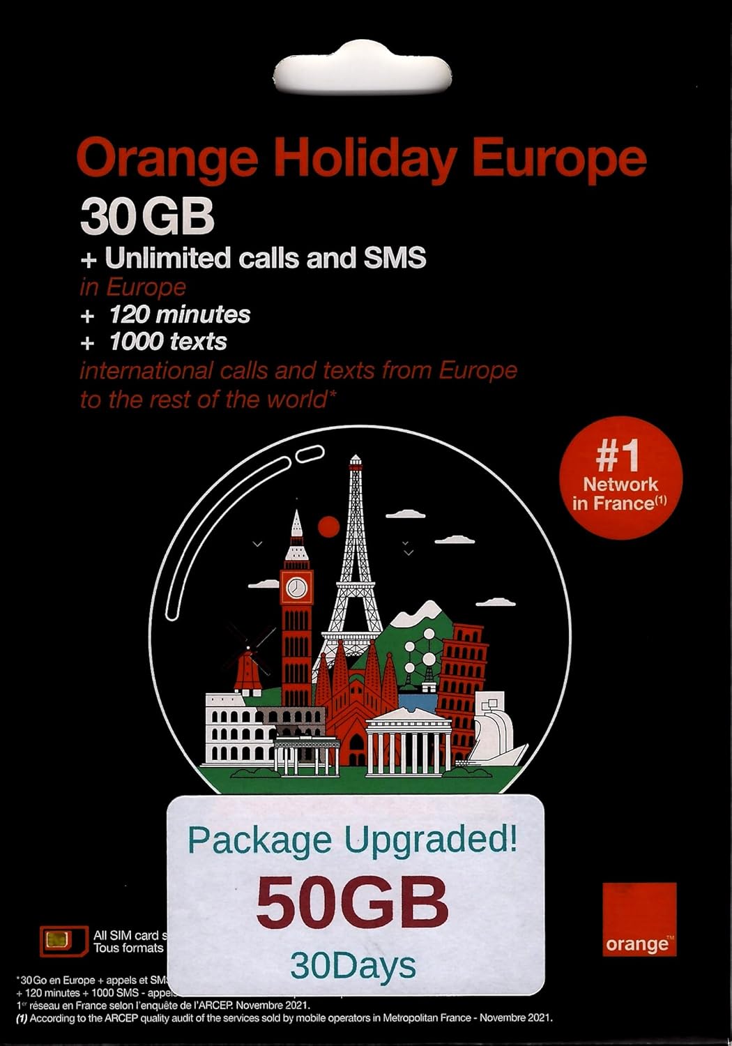 Europe SIM Card, 50GB Data 30 Days, Unlimited Local Calls + 120 Min Call Home, 48-Country Coverage incl. UK Switzerland Iceland Norway, Hotspot Enabled, Orange SuperSpeed 5G Network