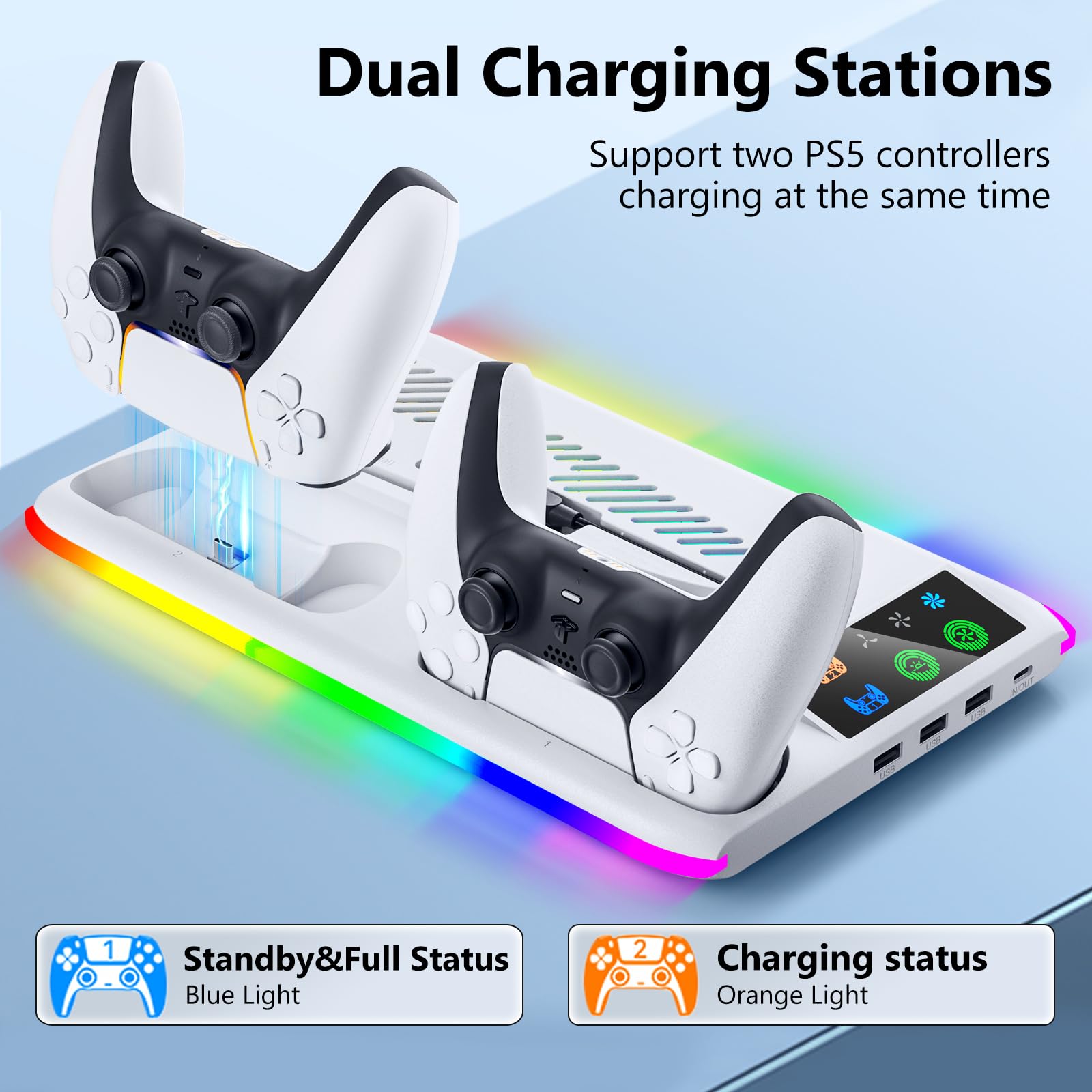 Caricabatterie controller per PS5/PS5 Slim/Pro: supporto per ventola di raffreddamento PS5 e stazione di ricarica per controller, accessori sottili PS5/PS5 dock di ricarica verticale per console