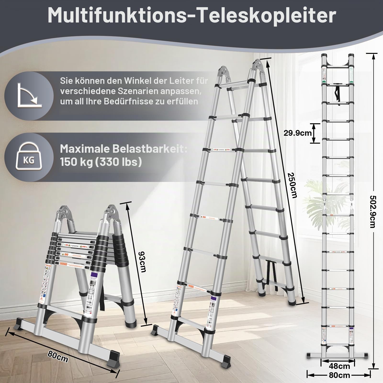 Alu Teleskopleiter Ausziehbare Leiter 5 Meter Silber