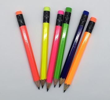 Half Pencils with Eraser - Golf, Pew, Short, Mini - Hexagon, Sharpened, Non Toxic, #2 Pencil, Color - Neon Assortmentl, (Box of 48) Golf Pocket Pencils TM