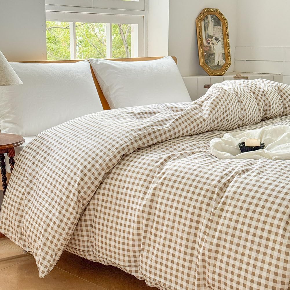Tan Gingham Cotton Weighted Blanket Cover 80"x87", Taupe Checked Grid Duvet Cover for Weighted Blanket, Plaid Cotton Heavy Blanket Duvet Cover (Tan Gingham, 80"x87")