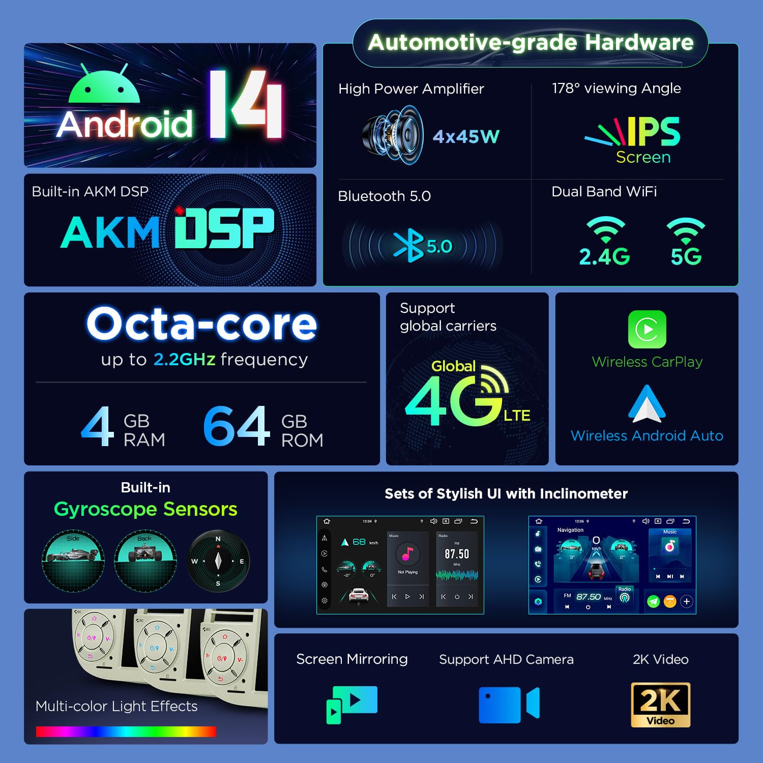 XTRONS 7" Android 14 1 Din Car Stereo 4+64GB for Fiat 500(2007-2015) Cream, Octa-Core Radio Player, Built-in 4G AKM DSP 2K CarAutoPlay Android Auto GPS Navigation Bluetooth 5.0 New UI, Optional DAB+ — view 3