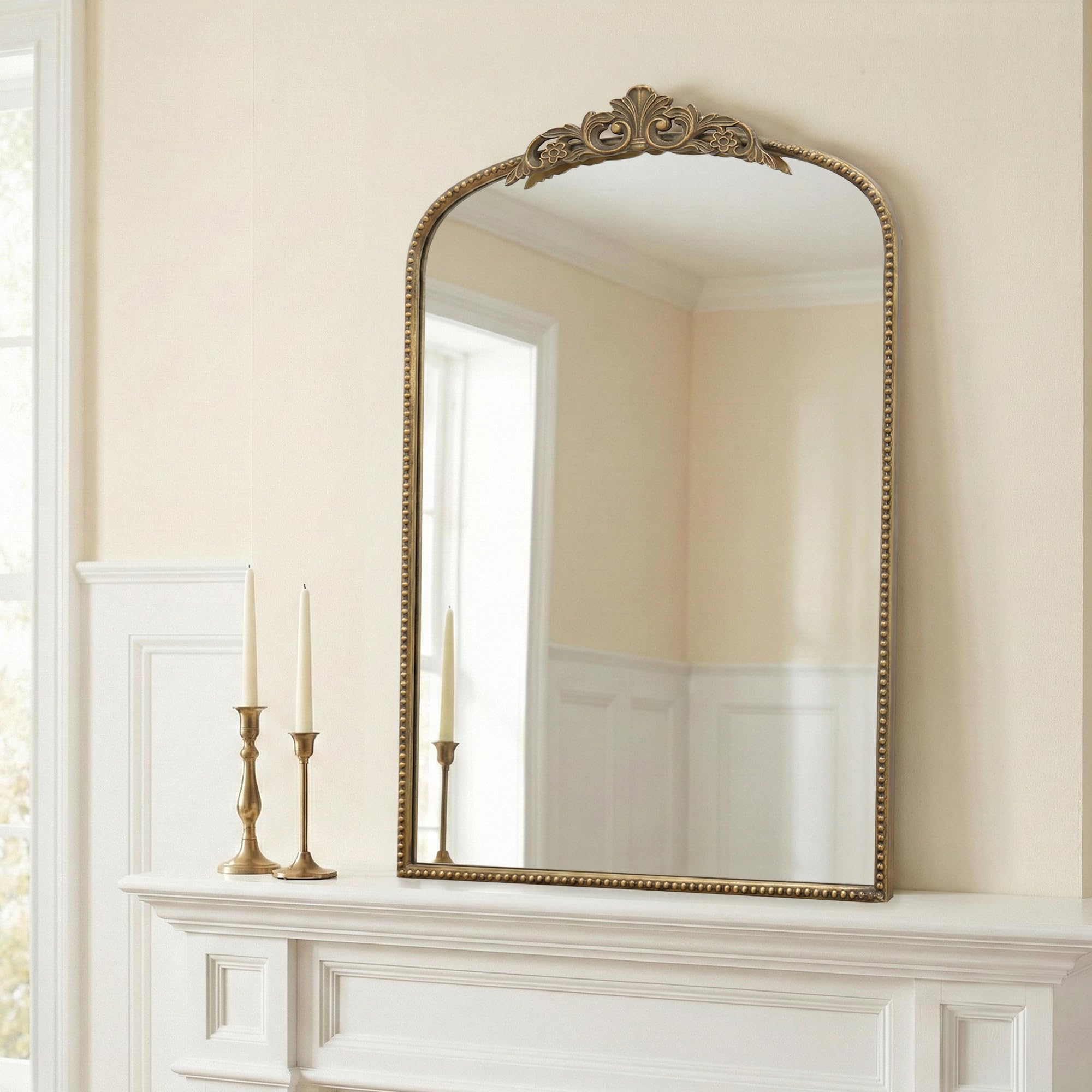 Micasso Antique Gold Decorated Mirror:24" x 36" French Baroque Arched Mirror - Traditional Vintage Mirrors for Wall/Fireplace/Entryway/Bathroom/Hallway - Home Decor for Living Room