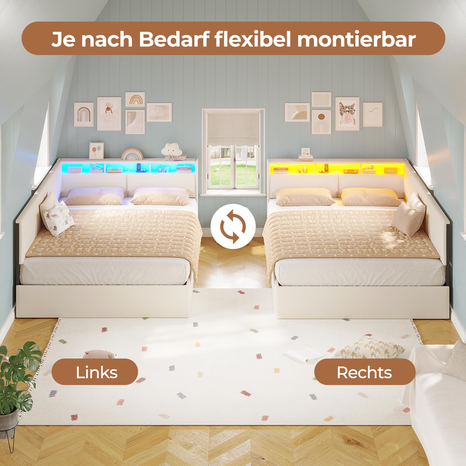 AOGLLATI Polsterbett Schlafsofa 140x200 mit USB-Steckdosen & hydraulischem Stauraum, Betten 140x200 mit LED-Kopfteil & Lattenrost, Kinderbett Tagesbett, Doppelbett, Leinen, Beige (ohne Matratze)