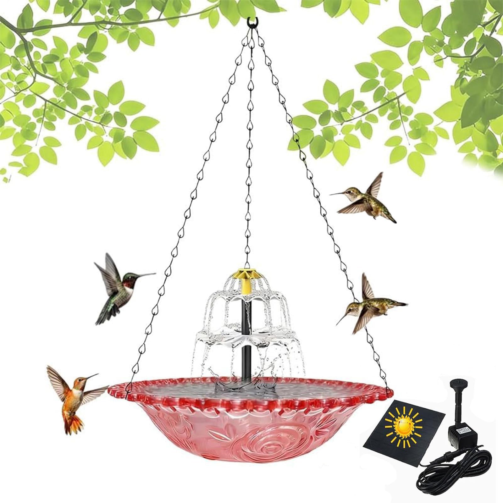 Baño de colibríes colgante para decorar jardines con fuente solar
