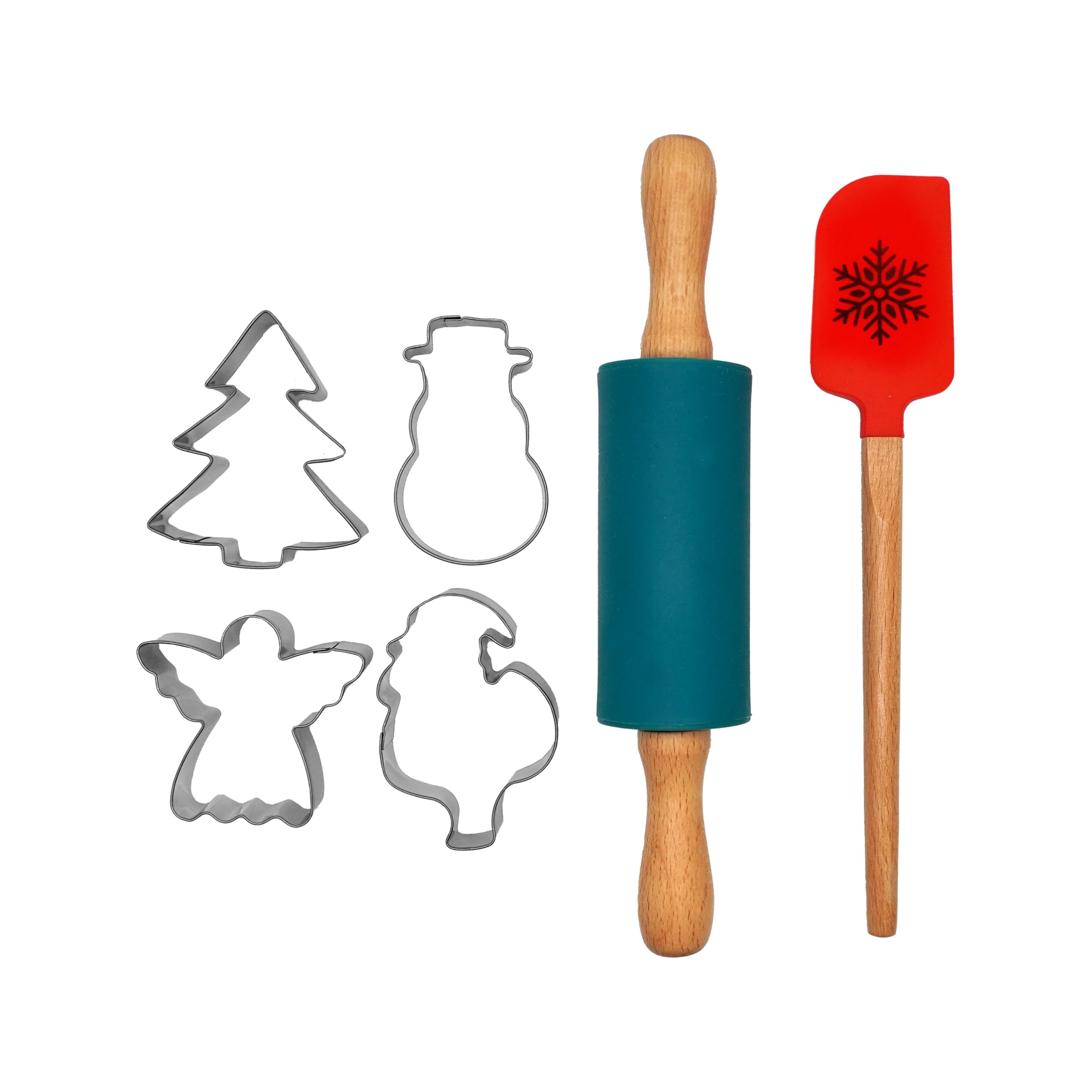 Zenker Christmas Baking Set, 6 Pieces, Silicone Spatula Red with Snowflake Motif, Silicone Rolling Pin Green, 4 x Cookie Cutters Silver, Biscuit Cutter Set for Baking, Non-Stick Non-Scratch Bakeware