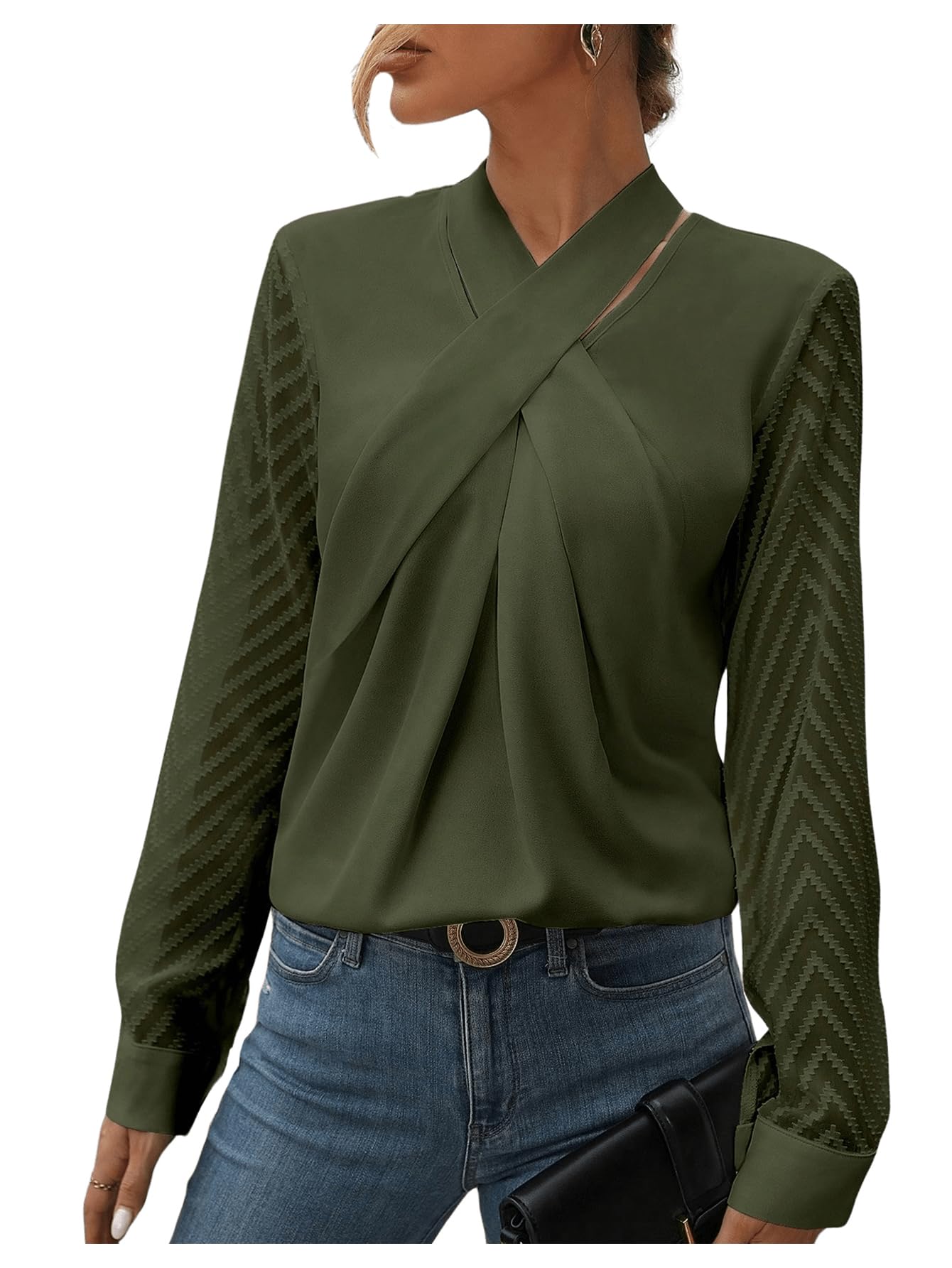 SweatyRocks Women's Mesh Long Sleeve Blouse Criss Cross Tie Neck Pullover Shirt Tops