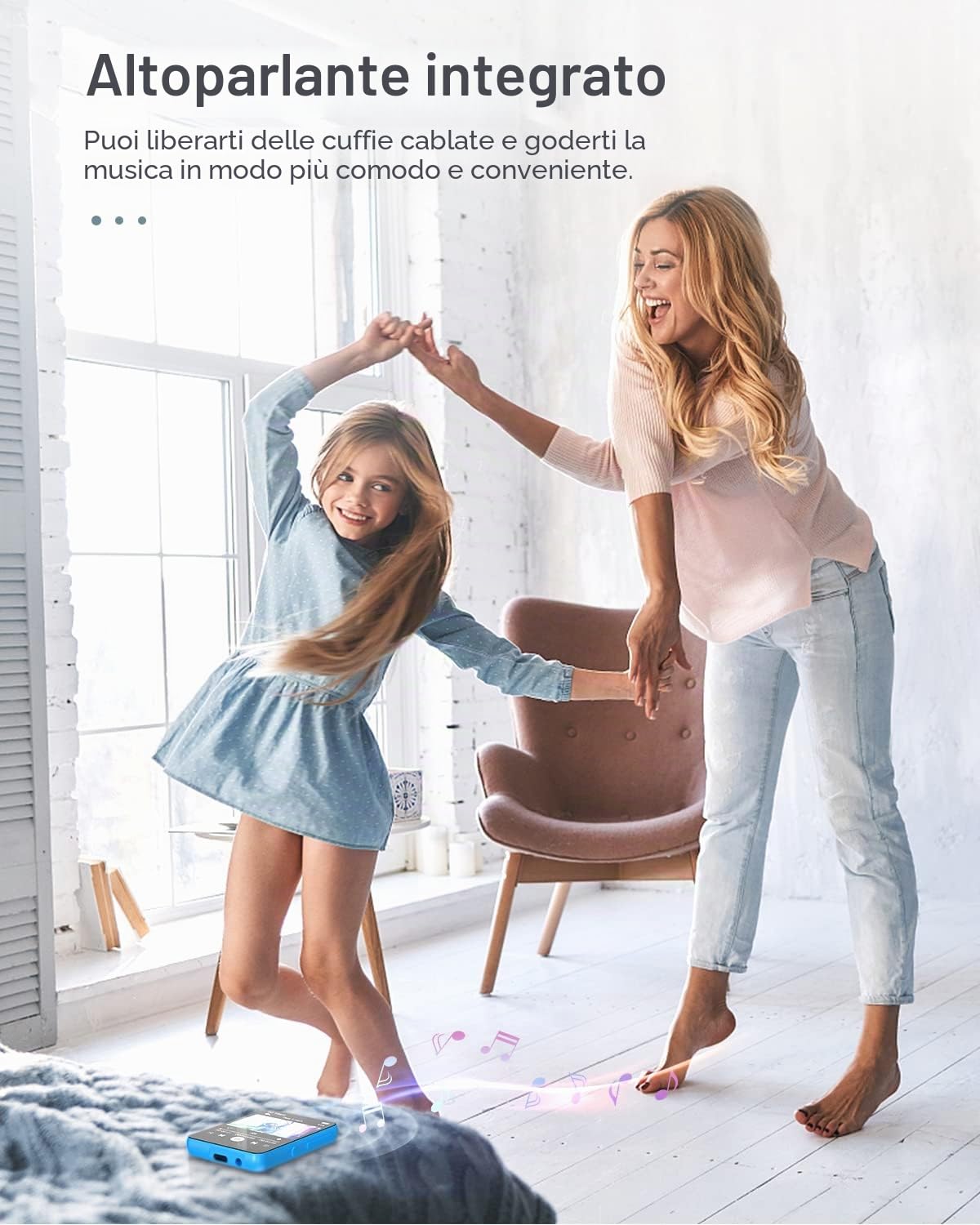 Lettore MP3 da 64 GB con Bluetooth 5.0, joliker portatile digitale senza perdita di musica MP3, touchscreen completo 2.4IN, altoparlante HD integrato, auricolari inclusi, massimo fino a 128 GB