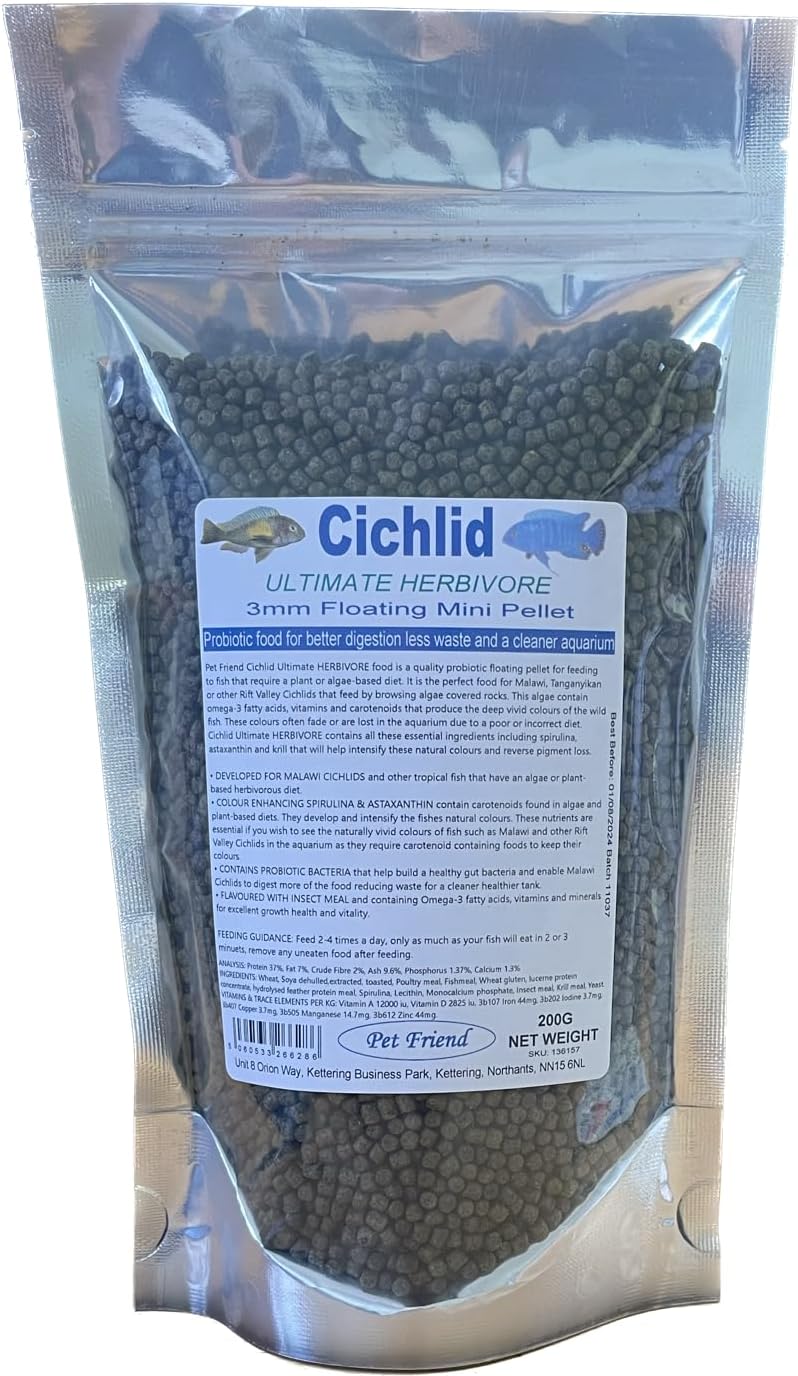 Pet Friend Cichlid Food For Herbivorous Plant And Algae Eating Malawi Mbuna Rift Valley Fish Contains Probiotics Spirulina Omega-3 Flavoured With Insect Meal 3mm Pellets 200g