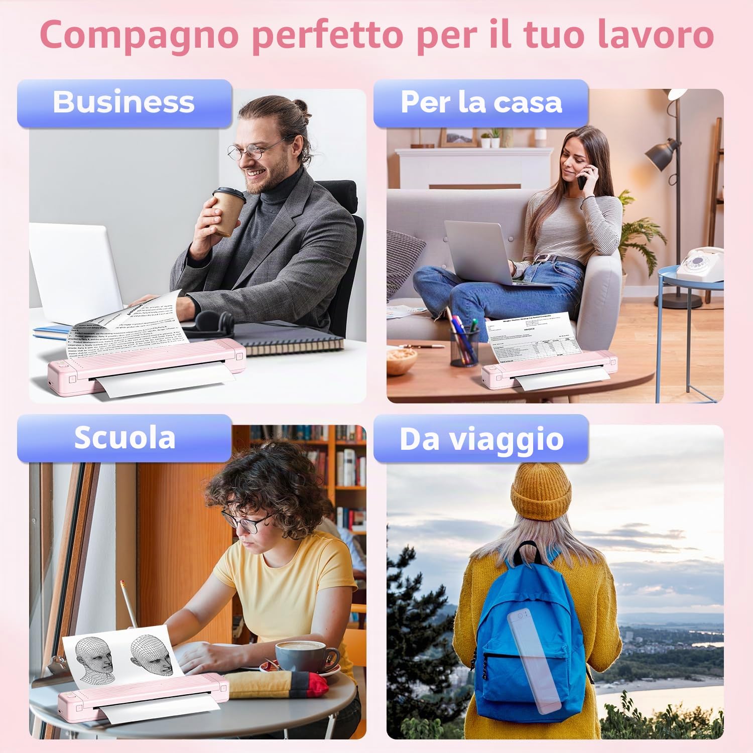 Stampante Portatile A4 P831 Bluetooth Piccola per Viaggio, Senza Inchiostro Carta Termica Rosa