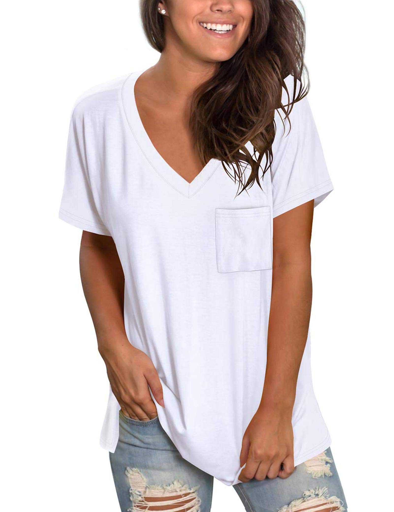 Molerani Women's White Short Sleeve V-Neck Shirts Loose Casual Tee Summer Tops With Pocket (2Xl, )