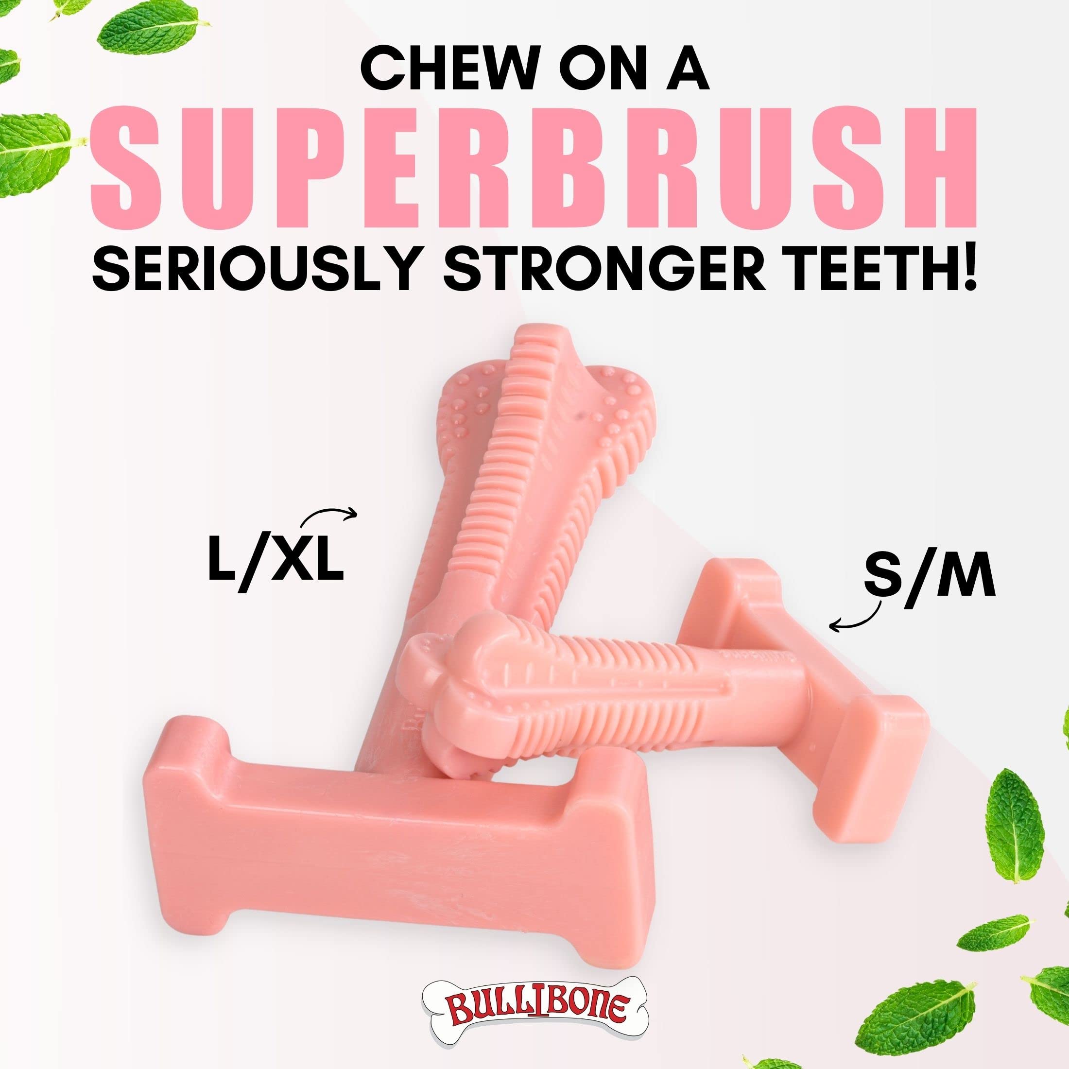 Bullibone SuperBrush Zahnreinigungsstab für Hunde, langlebig, Nylon, rosa Pfefferminze, Kauspielzeug für Mundpflege und Zahngesundheit