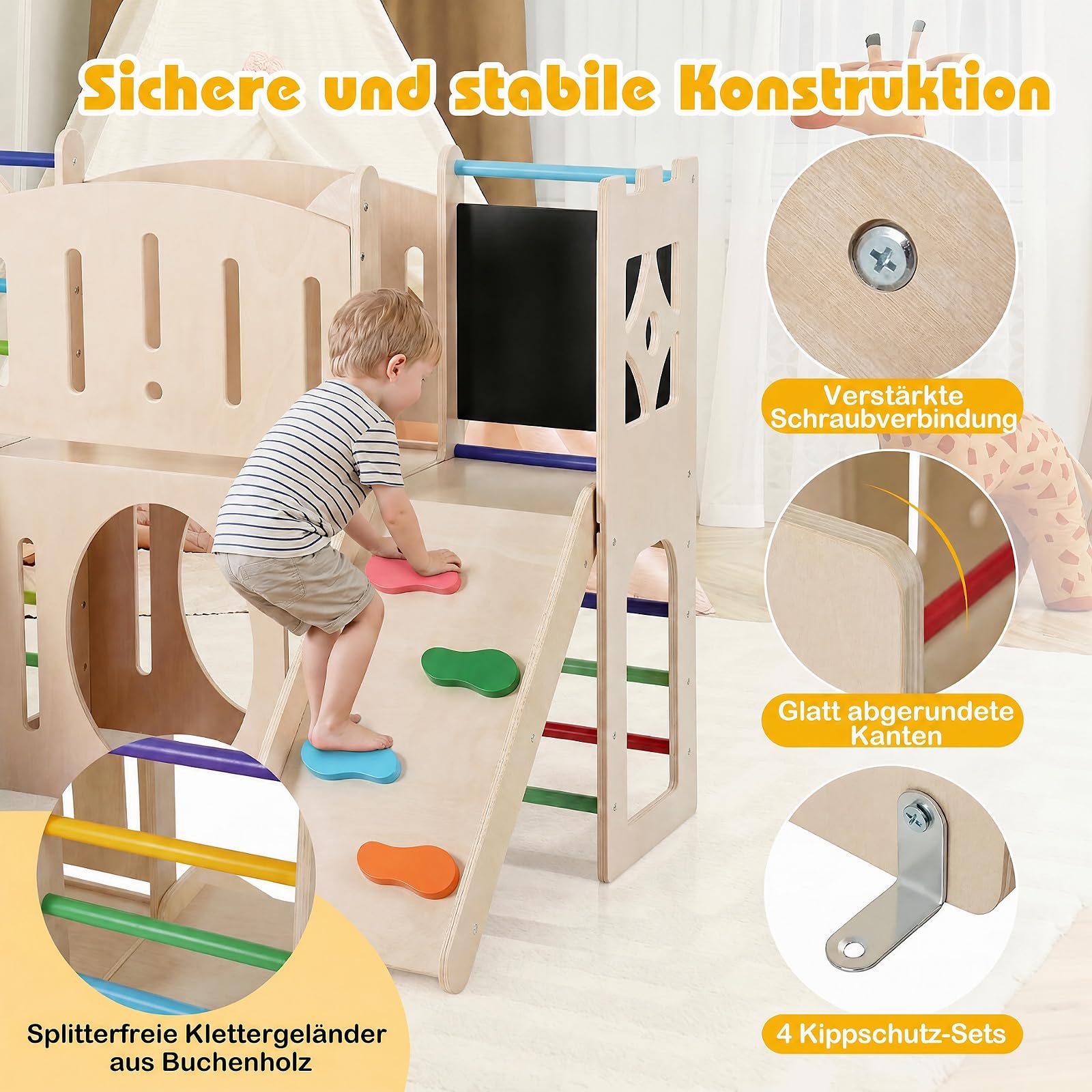 COSTWAY Kinder Rutsche Klettergerüst, 8-in-1 Indoor Spielplatz (Farbig) | Holz Rutsche mit Kletterleiter & Kletterrampe, Tunnel, Tafel, Stauraum, für Kinder ab 3 Jahren