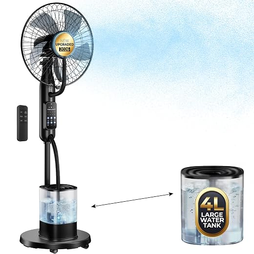 Misting Fan, 2026 Upgraded 4L Large Water Tank Mister Cooling Fan, 5 Speeds 3 Modes Misting Standing Fan, Floor Fan with Remote for Home, Bedroom, Patio, Outdoor Pcs