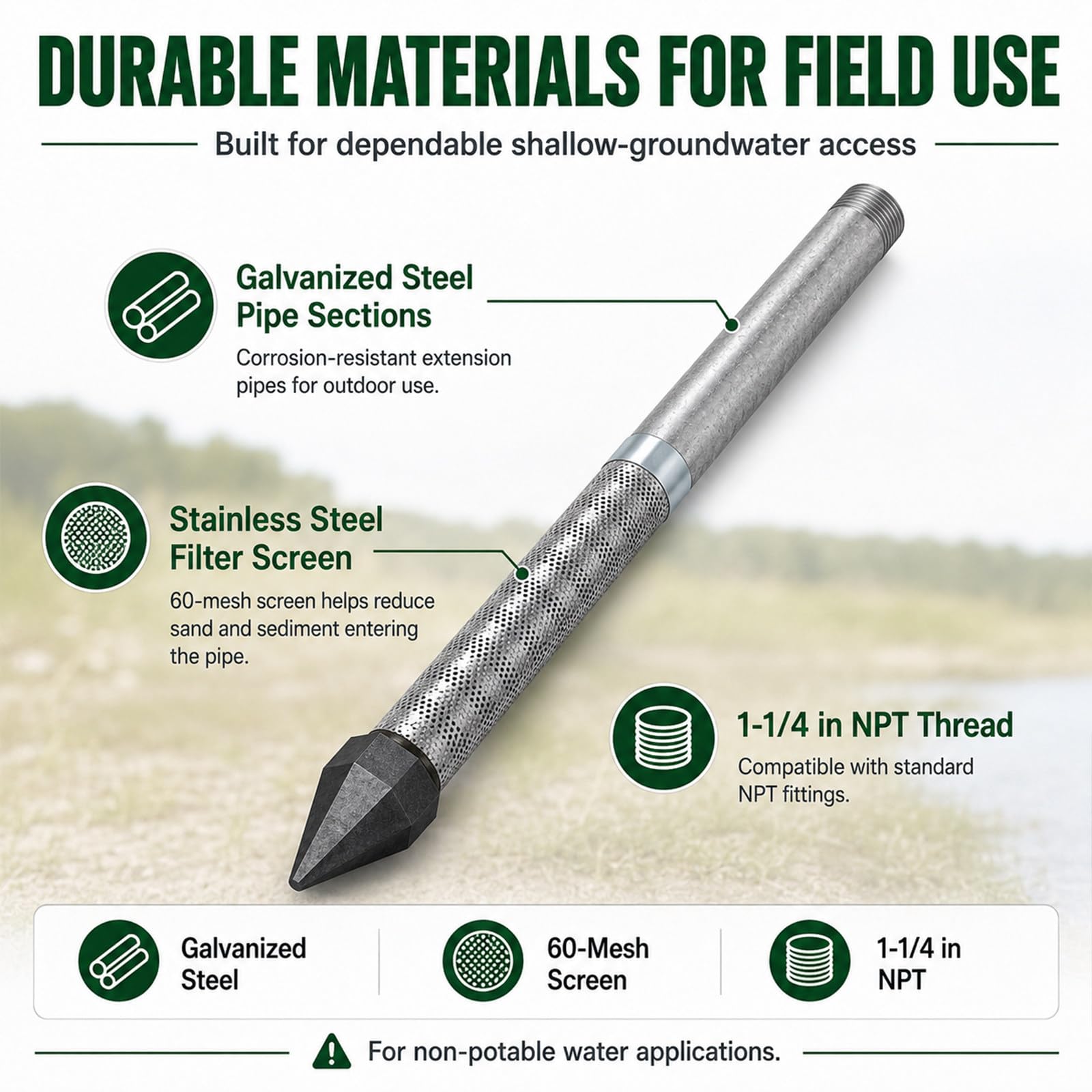 Punta filtrante 1-1/4 NPT con Malla INOX 60 Mesh 5PipeKit | La malla fina ayuda a reducir arena y sedimentos gruesos, bomba y herramientas de instalación no incluidas