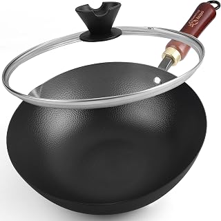 Souped Up Recipes Pre-Seasoned 10-Inch Carbon Steel Wok with Lid - Flat Bottom for Induction, Electric, Gas Stoves