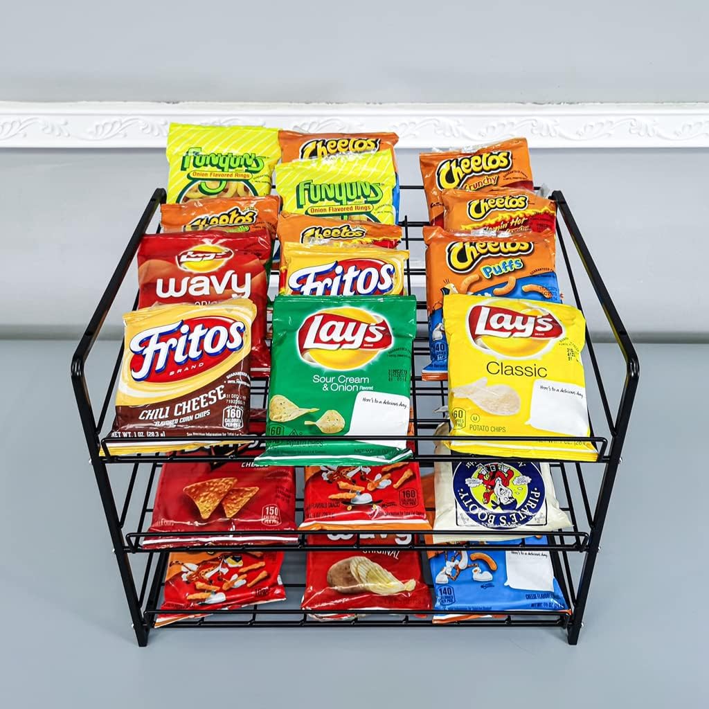 FixtureDisplays® Stackable Can Rack Organizer, Stackable Potato Chip Bag Storage Dispenser for Kitchen Cabinet or Pantry, Black 17.35" Wide x 12.8" Deep x 14" Tall 10145-2D