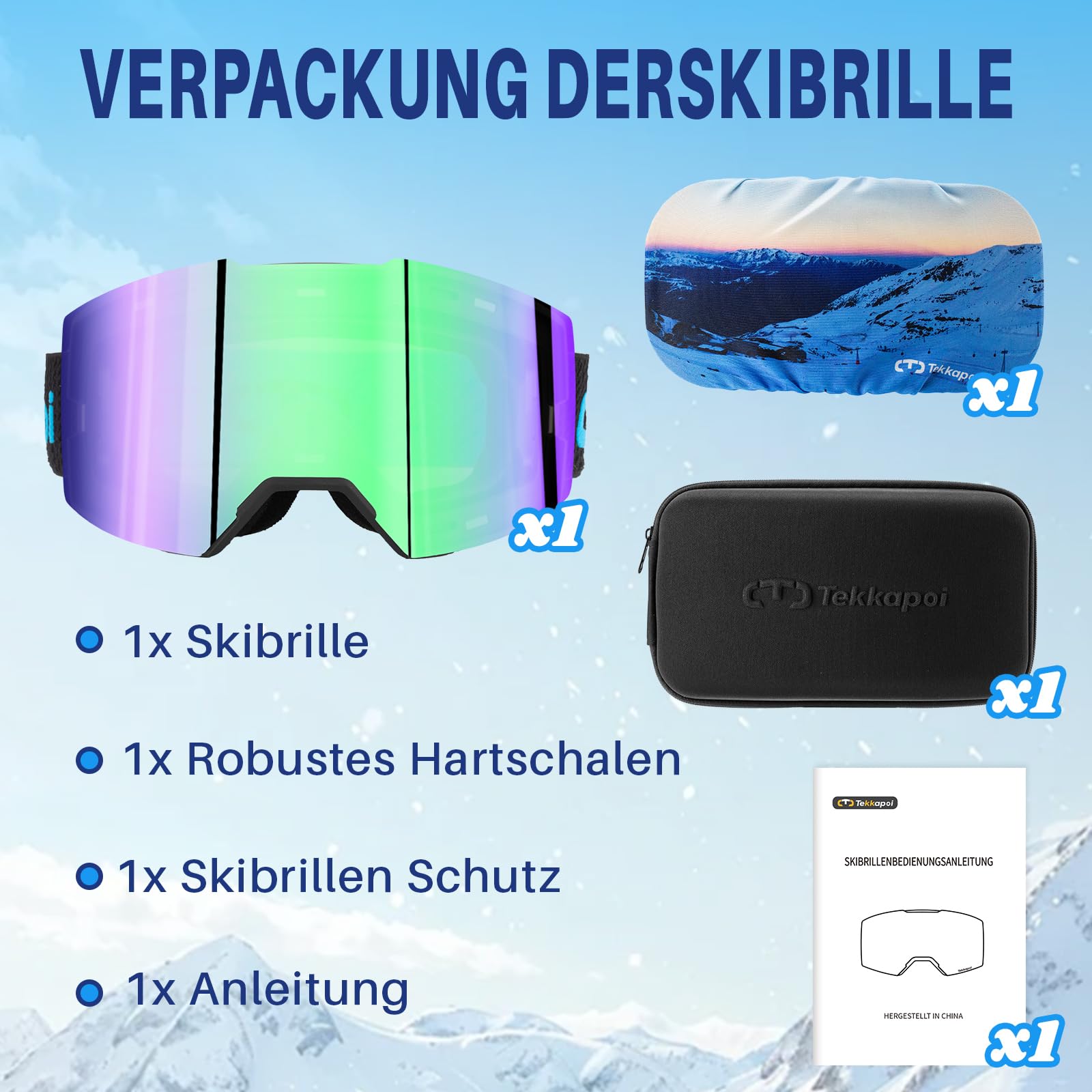 Lunettes de ski magnétiques pour adultes OTG – Double lentille antibuée UV400 compatibles avec casque, système de lentilles magnétiques Ski Snowboard (Noir/Vert)