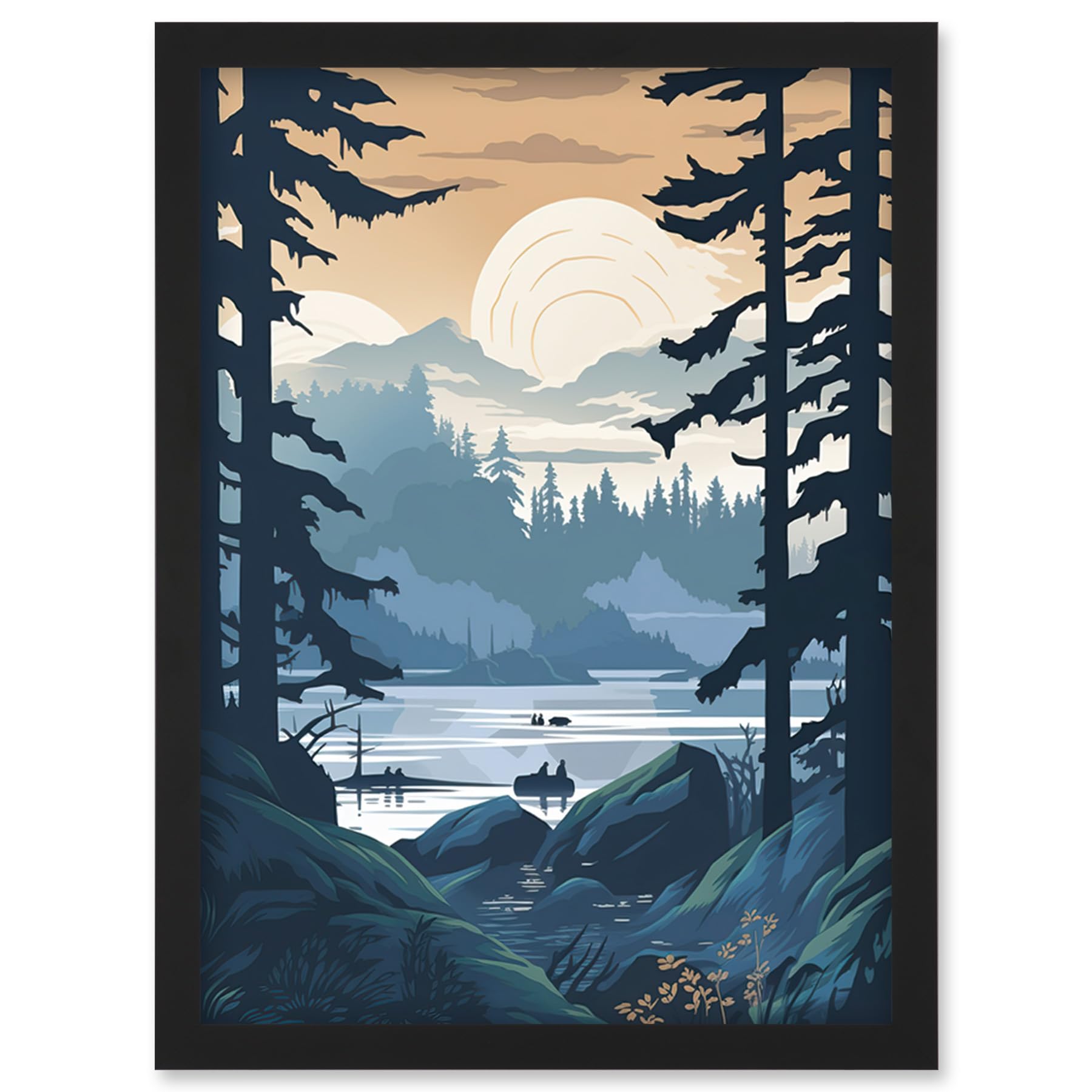 Artery8 Lake View in Rainforest Landscape Illustration Artwork Framed Wall Art Print A4