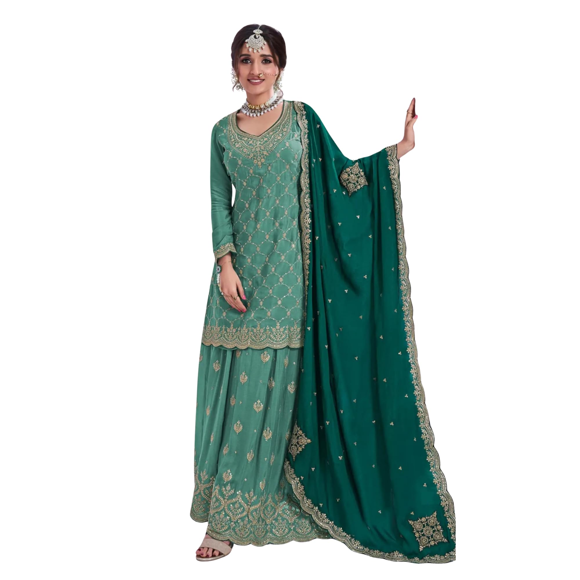 Damski morski zielony czysty chinon haftowany zestaw Sharara z Dupatta