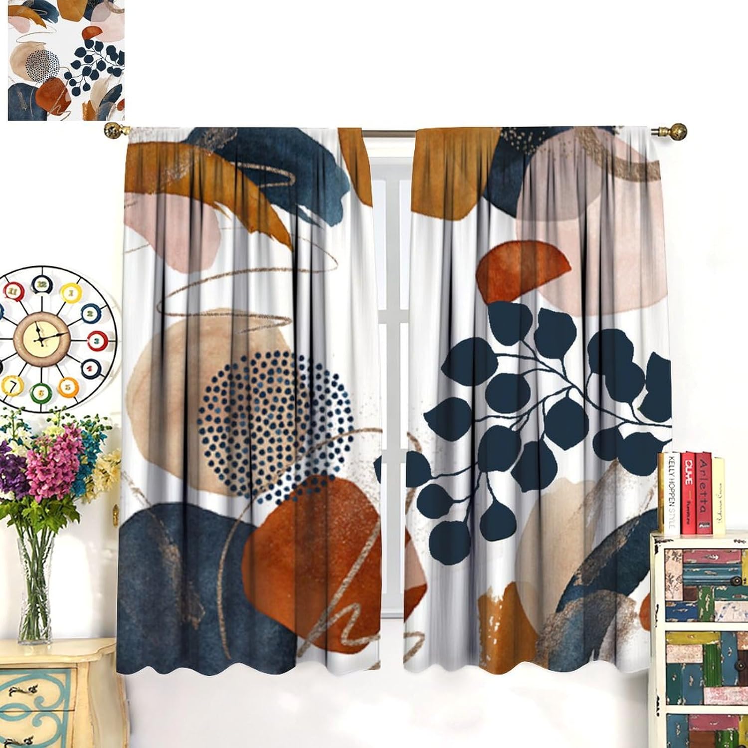 Abstract Leaves Curtains, Boho Mid Century Blue Orange Window Drapes Modern Minimalist Art Print Blackout Window Treatments for Living Room Kitchen Bedroom, 42x54 Inch (No Blackout)