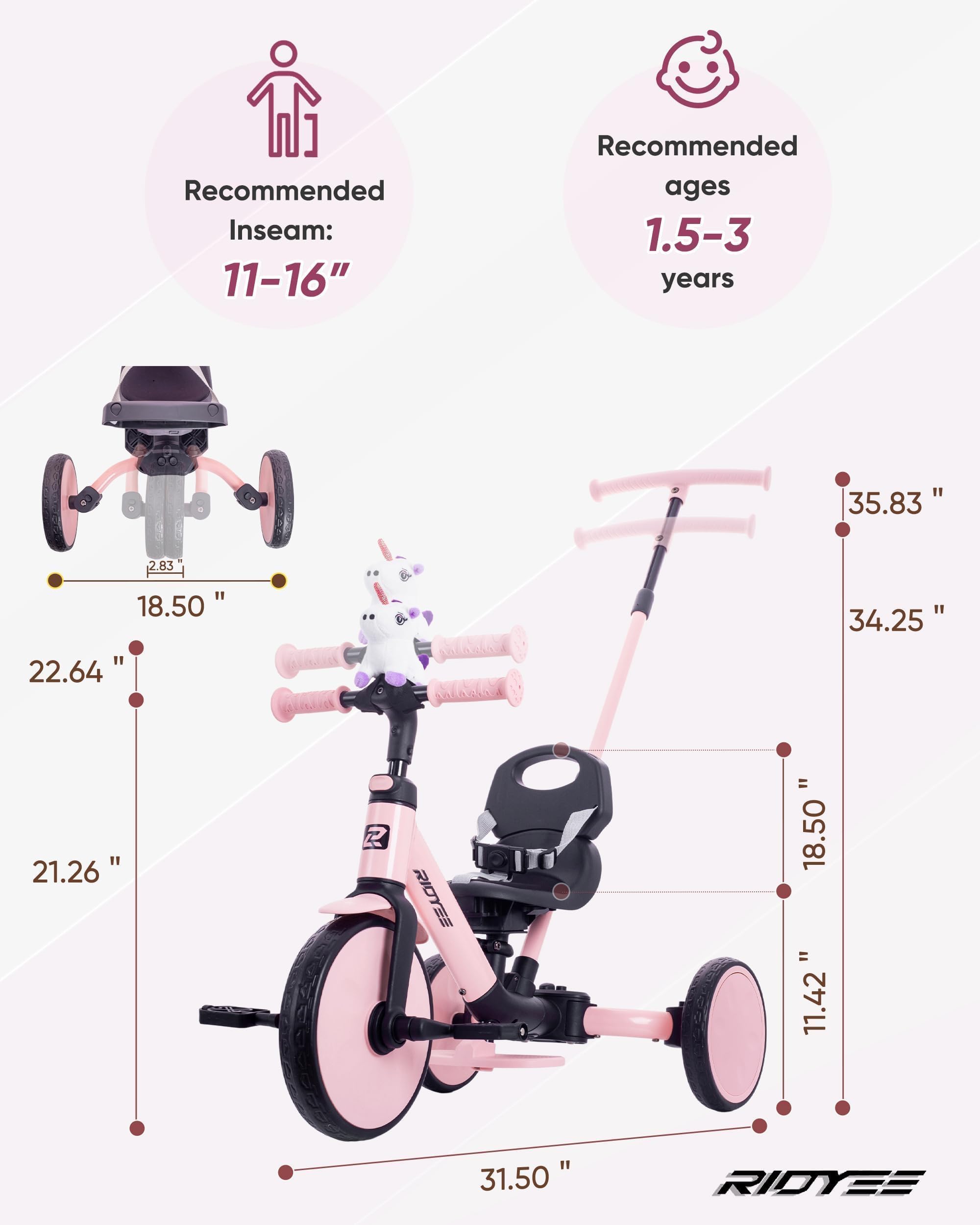 Triciclo 5 en 1 para niños de 1.5 a 3 años, triciclo de dirección para padres, convertible sin herramientas para equilibrar la bicicleta, cinturón de seguridad, respaldo y reposapiés extraíbles 6
