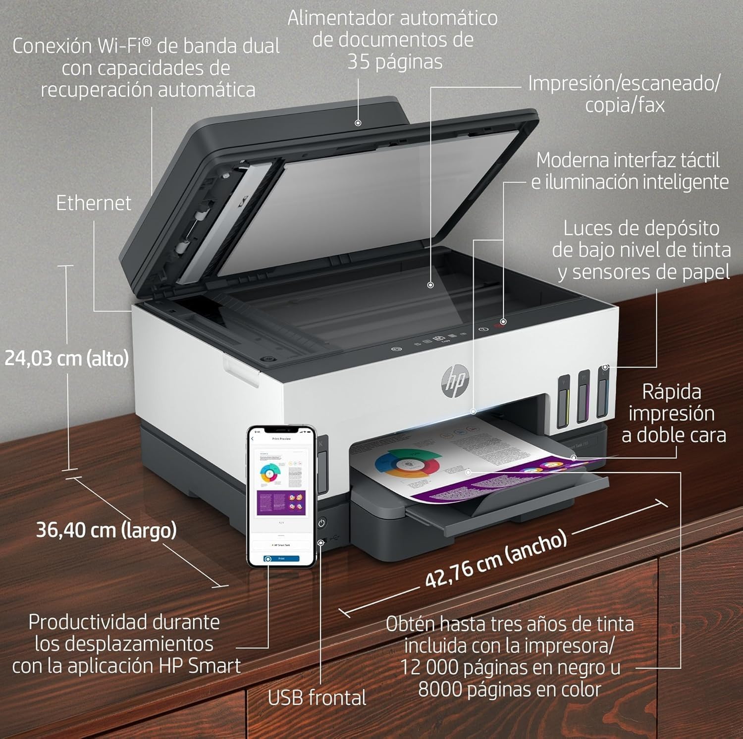 HP Smart Tank 7605 28C02A - Impresora A4 Multifunción con Deposito de Tinta Recargable, Impresión a Color, Escaner, Copiadora, Fax, Wi-Fi, Smart App, Blanco y Negro