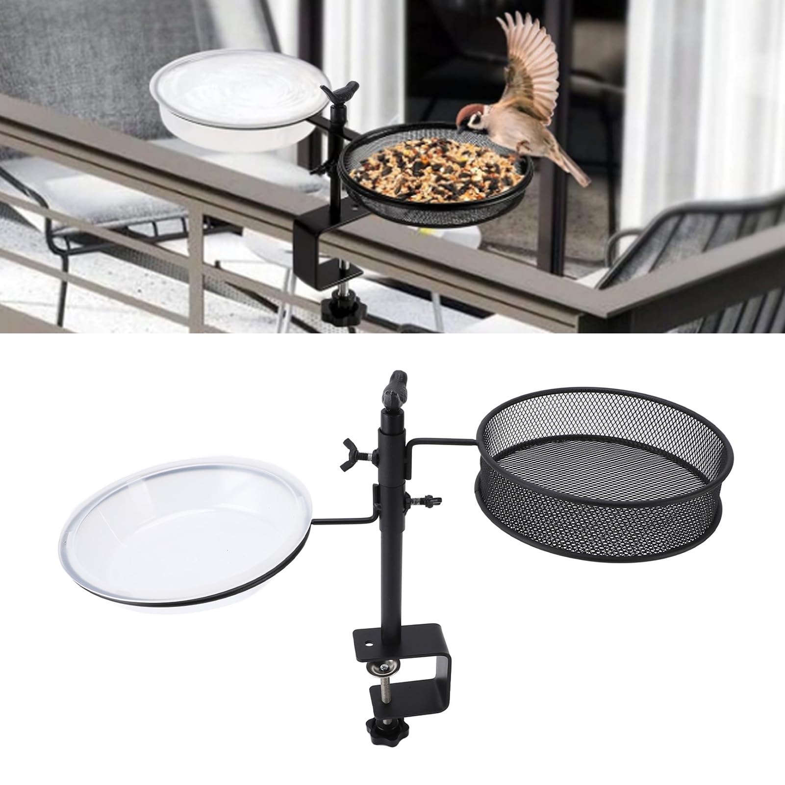 Mangiatoia per uccelli da terrazzo con vassoio a rete, vasca e mangiatoia per uccelli montate sul terrazzo, mangiatoia per uccelli con staffa regolabile per la decorazione di balco