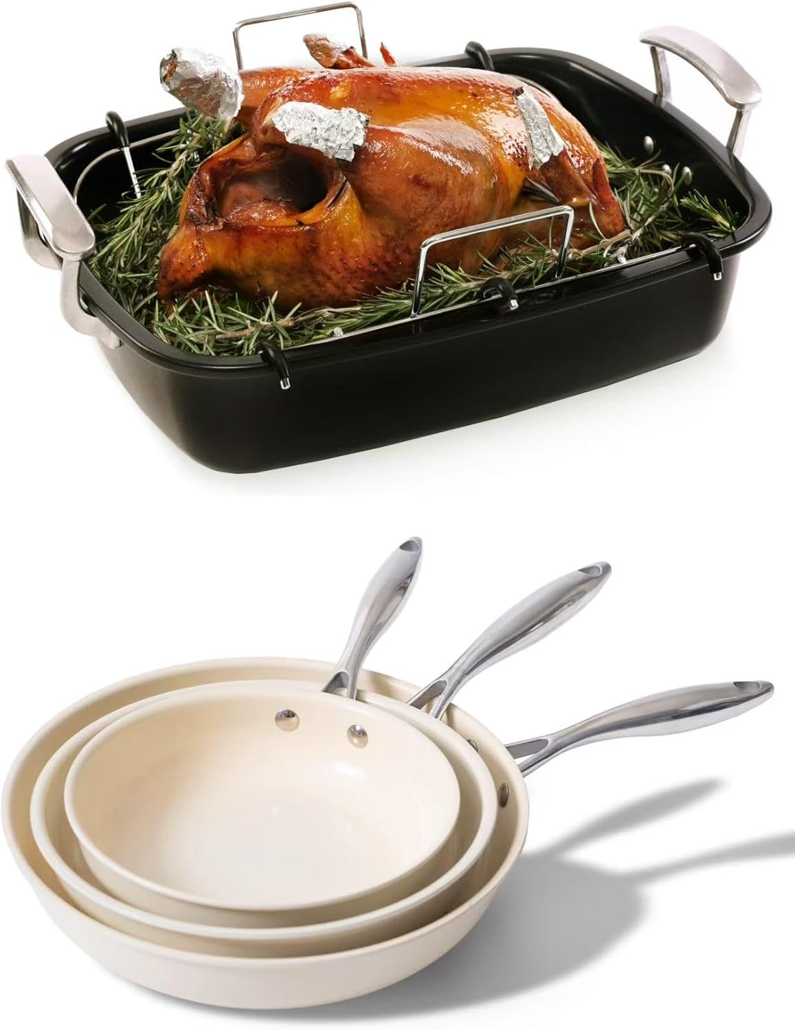 Uukrave Nonstick Turkey Roasting Pan with Rack - Large 18.5 x 14.7 Inch Heavy Duty Roaster for 25 lb Turkey or Chicken, and Nonstick Ceramic Frying Pan Set, Ceramic Pan Skillet for Cooking, Healthy &
